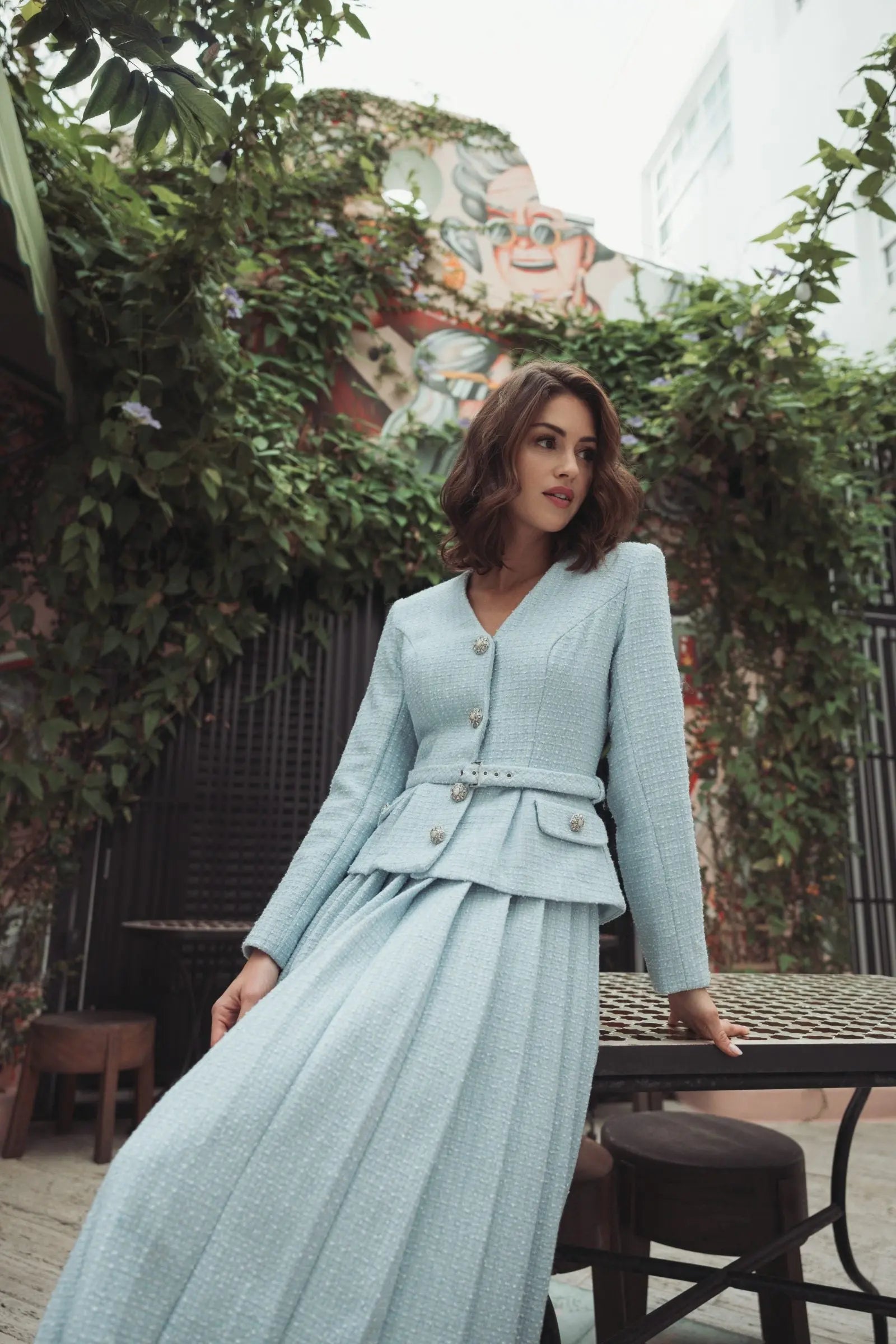 Blue Boucle Long Sleeve V Neck Midi Dress With Buttons-Myartka