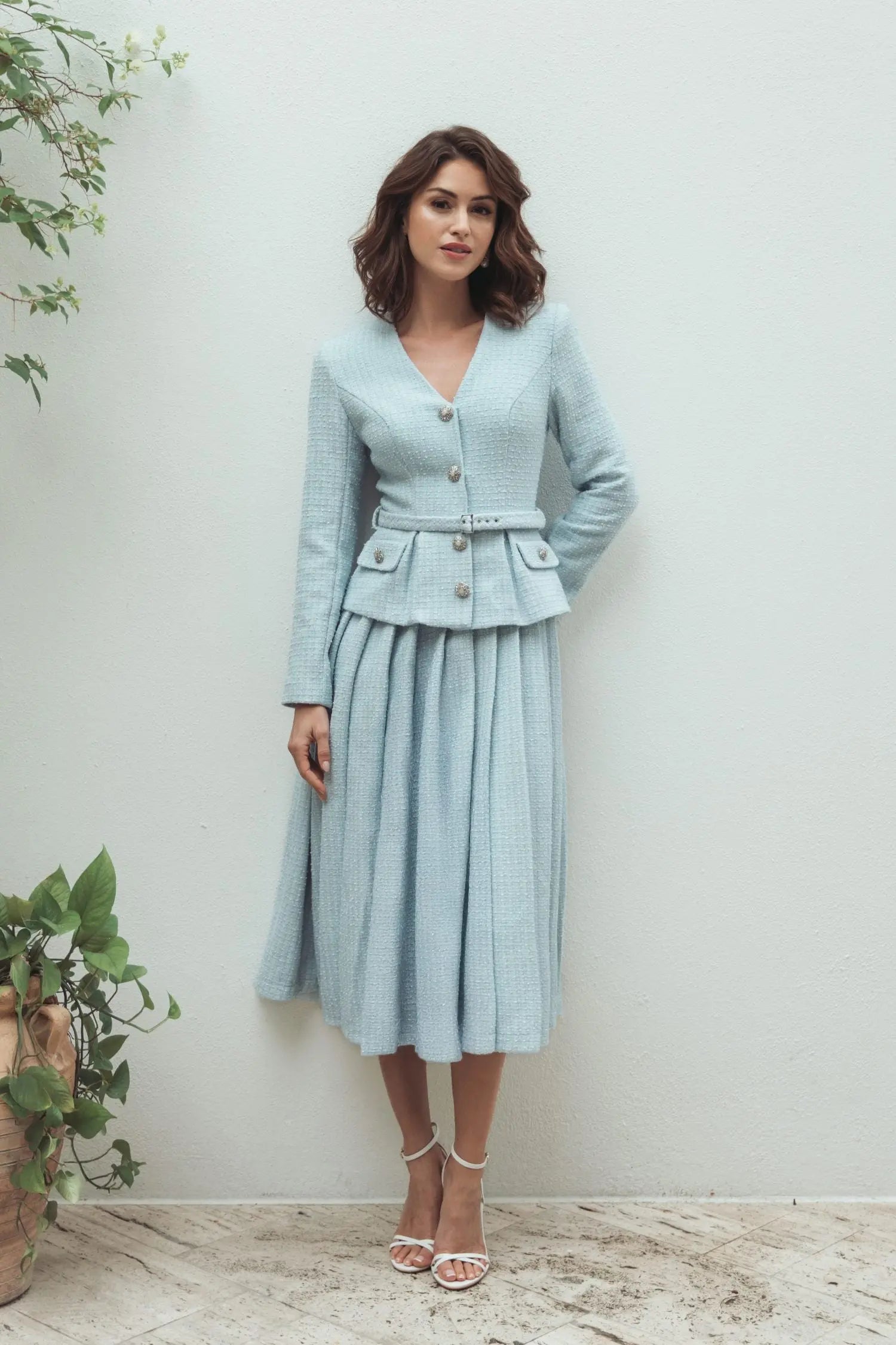 Blue Boucle Long Sleeve V Neck Midi Dress With Buttons-Myartka