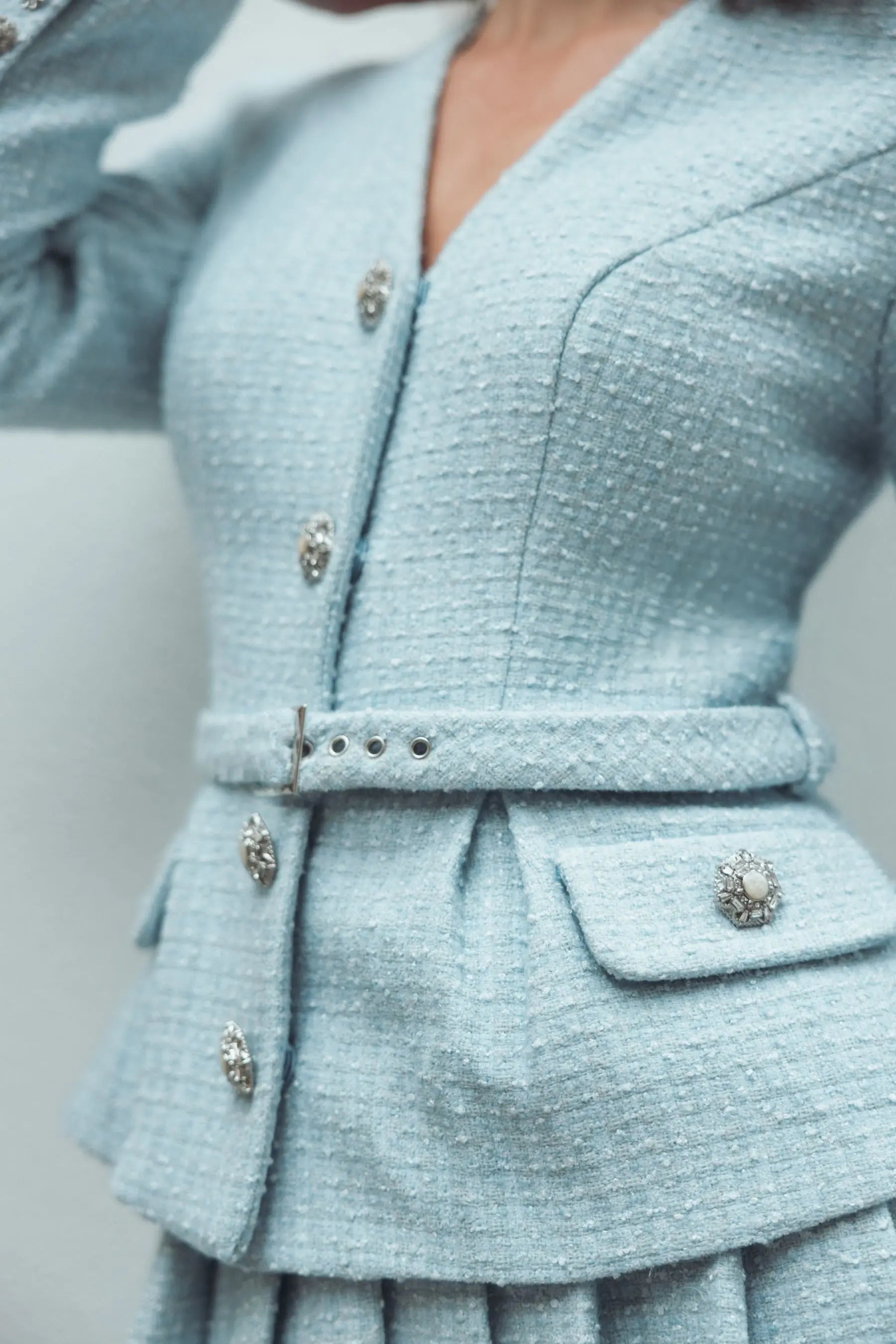Blue Boucle Long Sleeve V Neck Midi Dress With Buttons-Myartka
