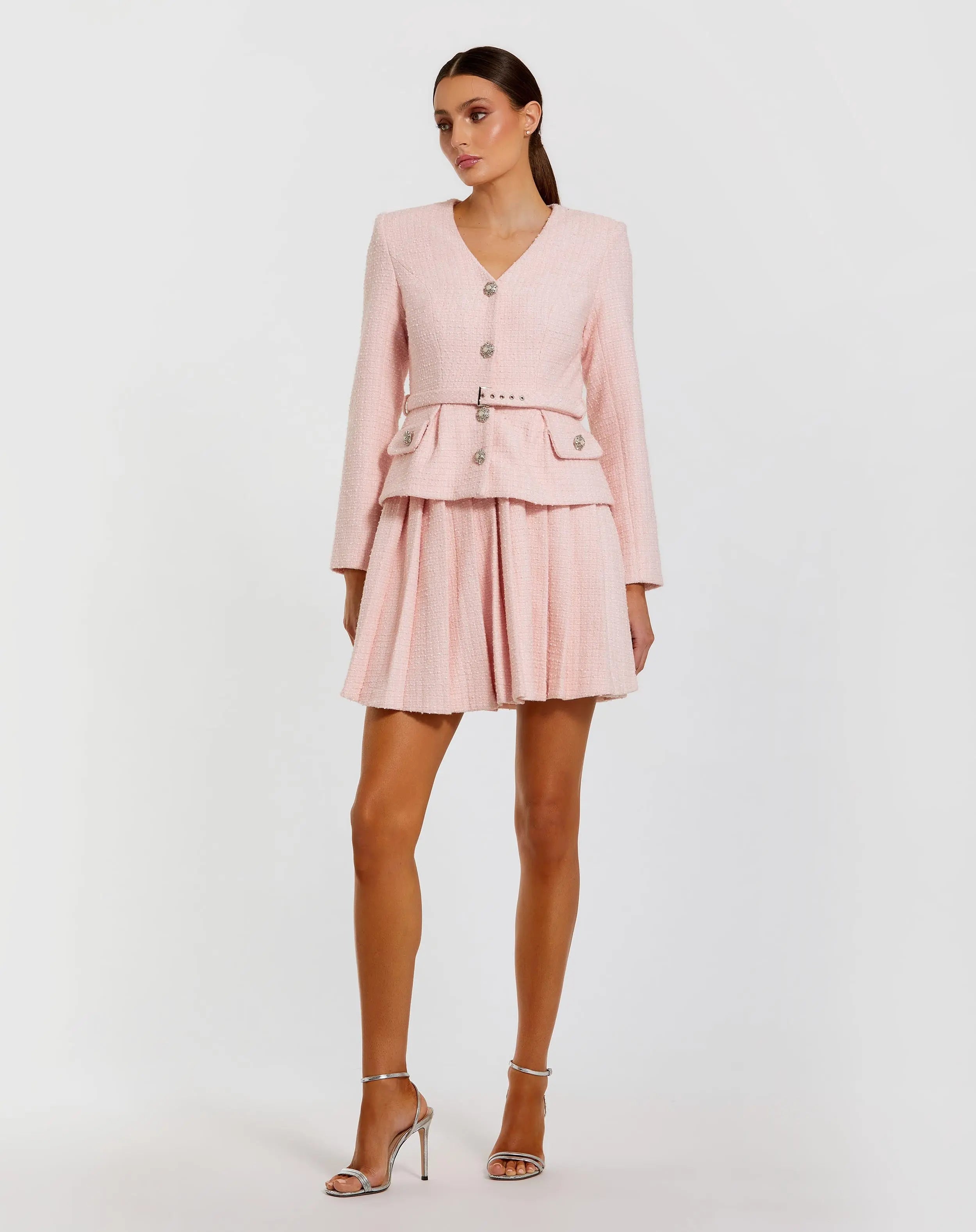 Light Pink Boucle Long Sleeve V-Neck Mini Dress-Myartka