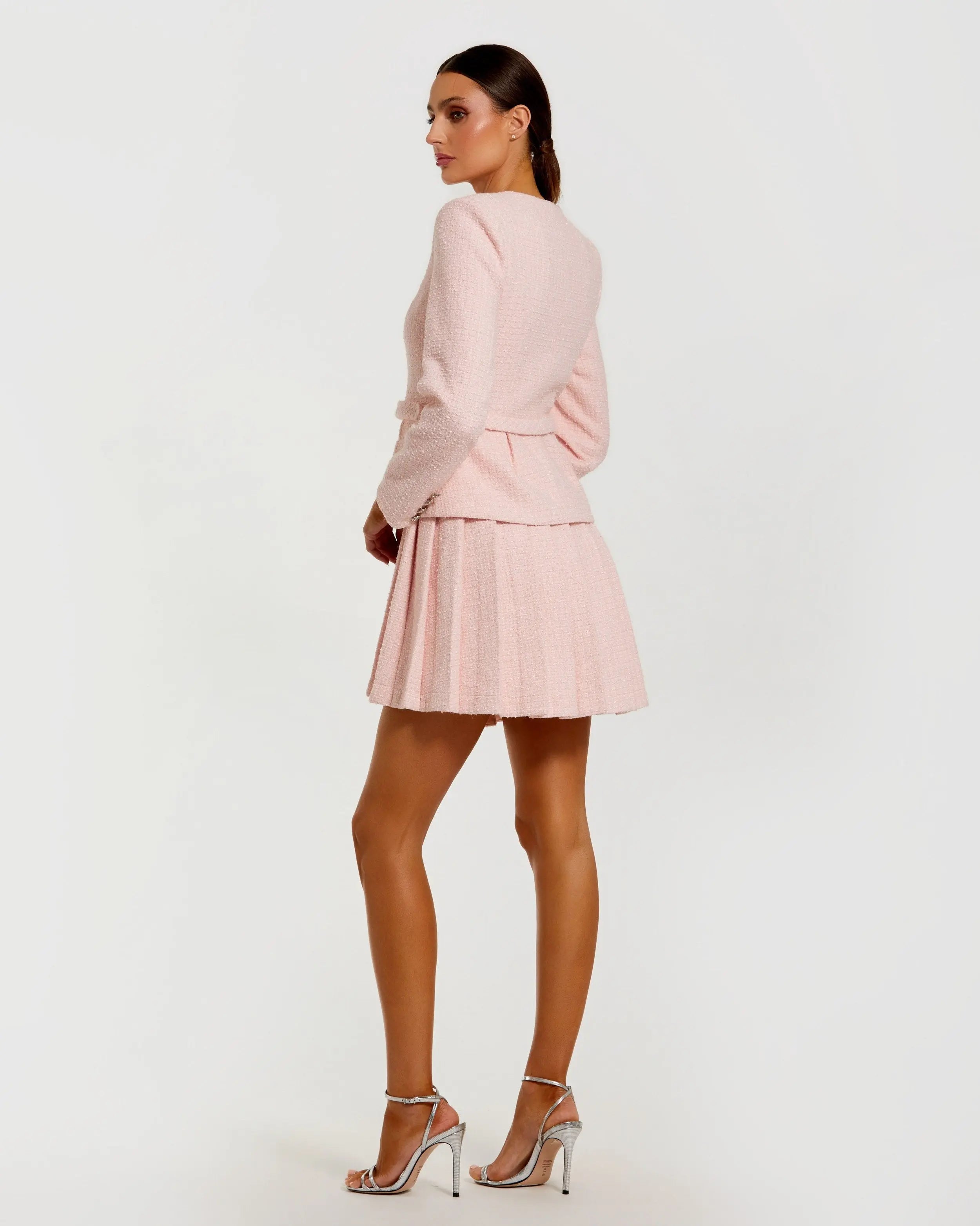 Light Pink Boucle Long Sleeve V-Neck Mini Dress-Myartka