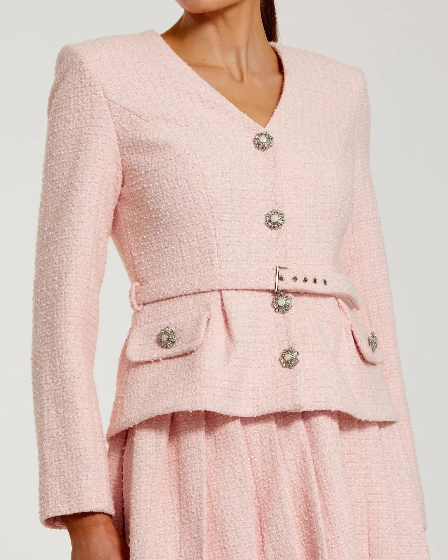 Light Pink Boucle Long Sleeve V-Neck Mini Dress-Myartka