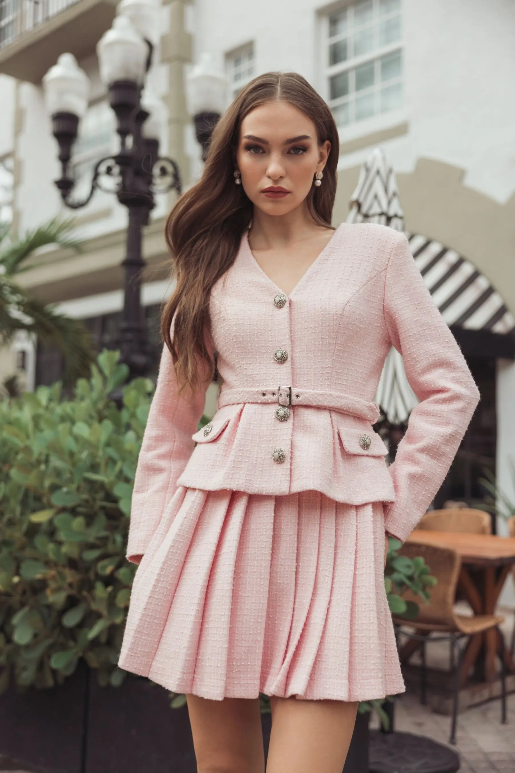 Light Pink Boucle Long Sleeve V-Neck Mini Dress-Myartka