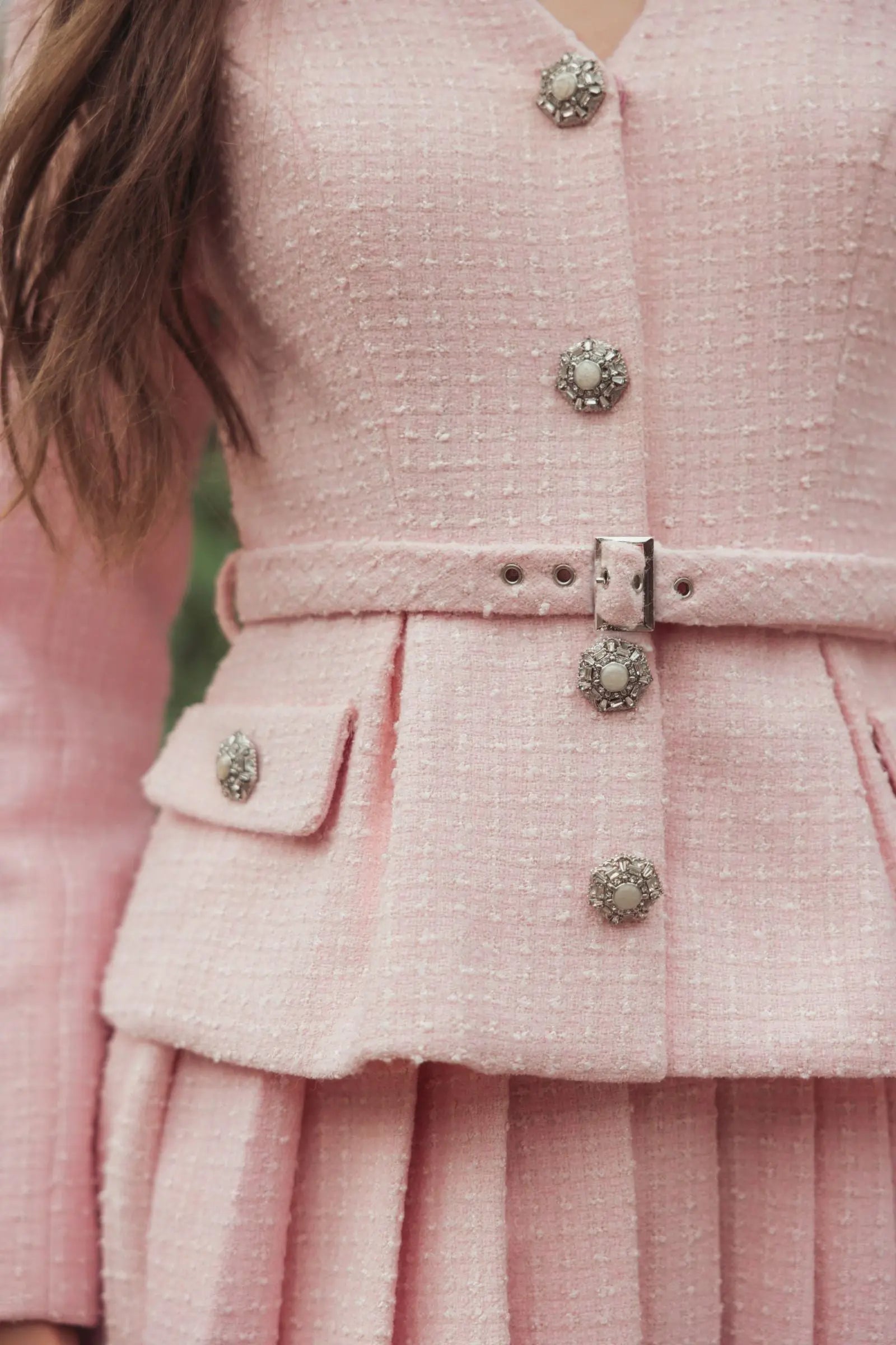 Light Pink Boucle Long Sleeve V-Neck Mini Dress-Myartka