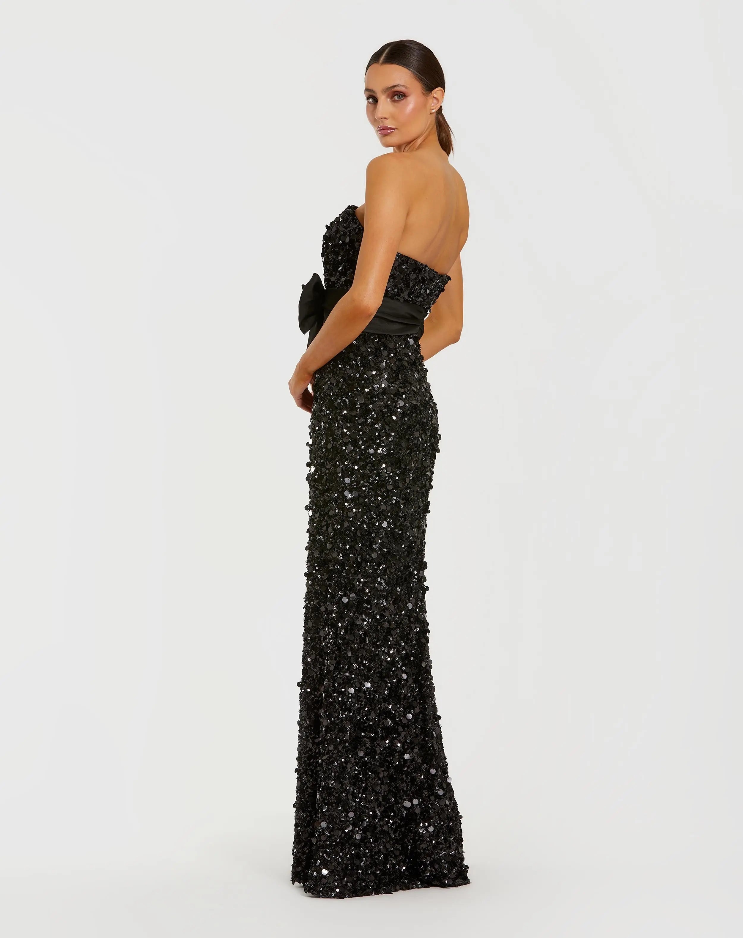 Black Strapless Sequin Evening Gown With Bow-Myartka