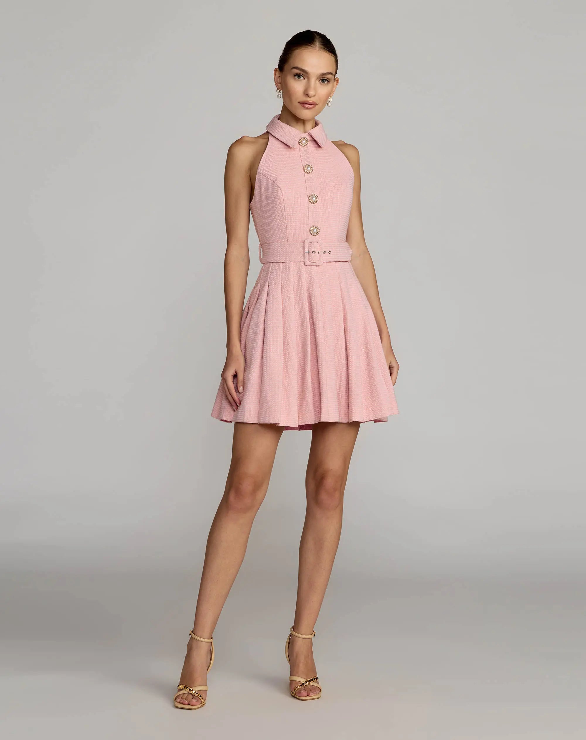 Pink Pleated A Line Mini Dress with Pearl Button Detail-Myartka