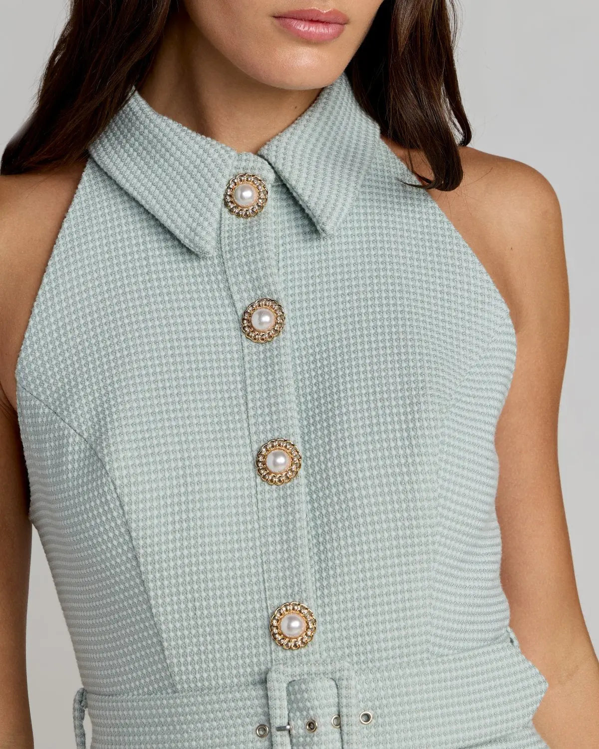 Blue Pleated A Line Mini Dress with Pearl Button Detail-Myartka