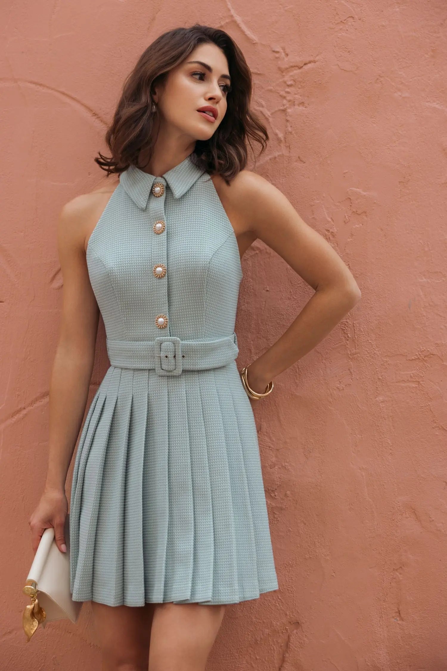 Blue Pleated A Line Mini Dress with Pearl Button Detail-Myartka