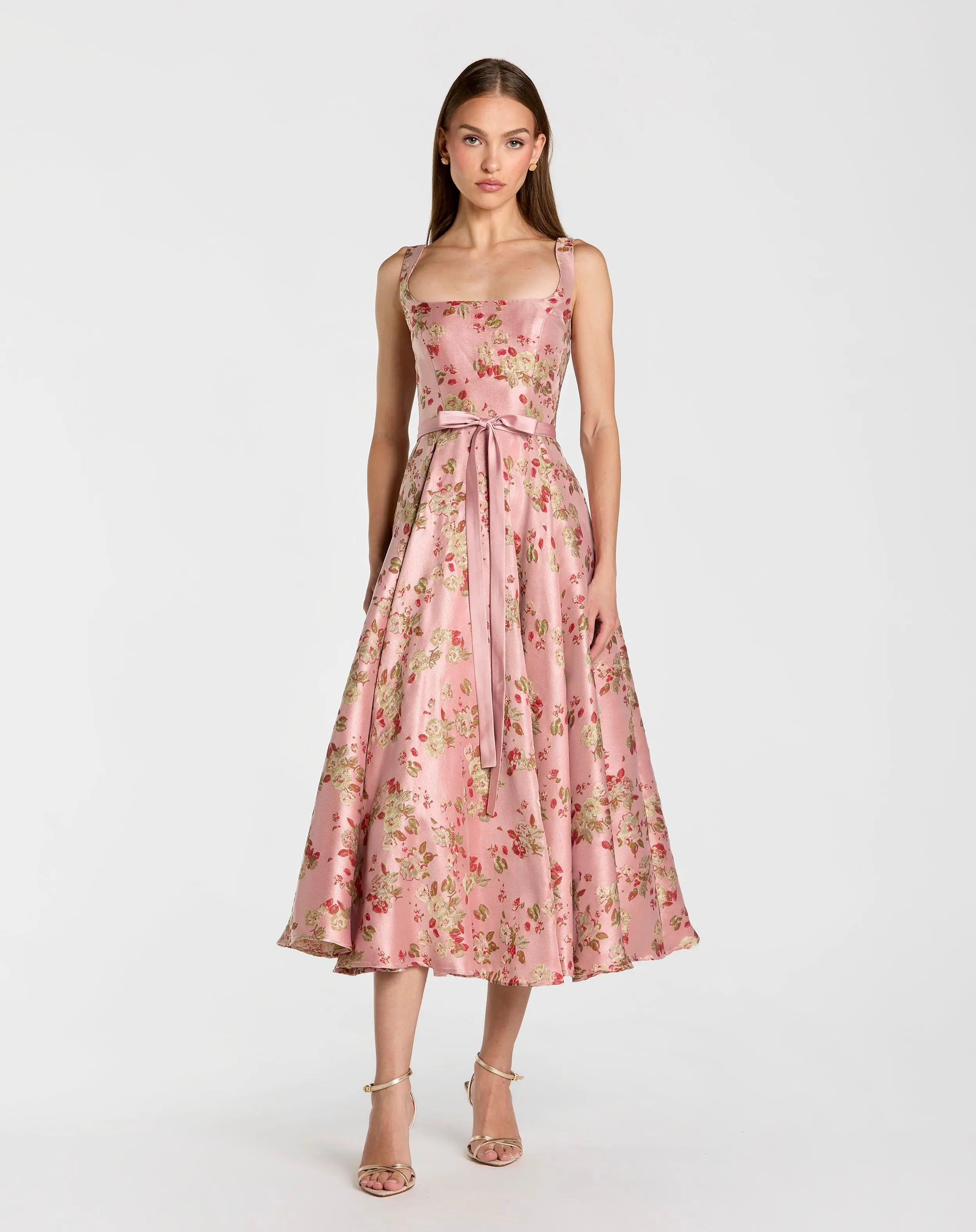 Pink Sleeveless Brocade A Line Midi Dress-Myartka