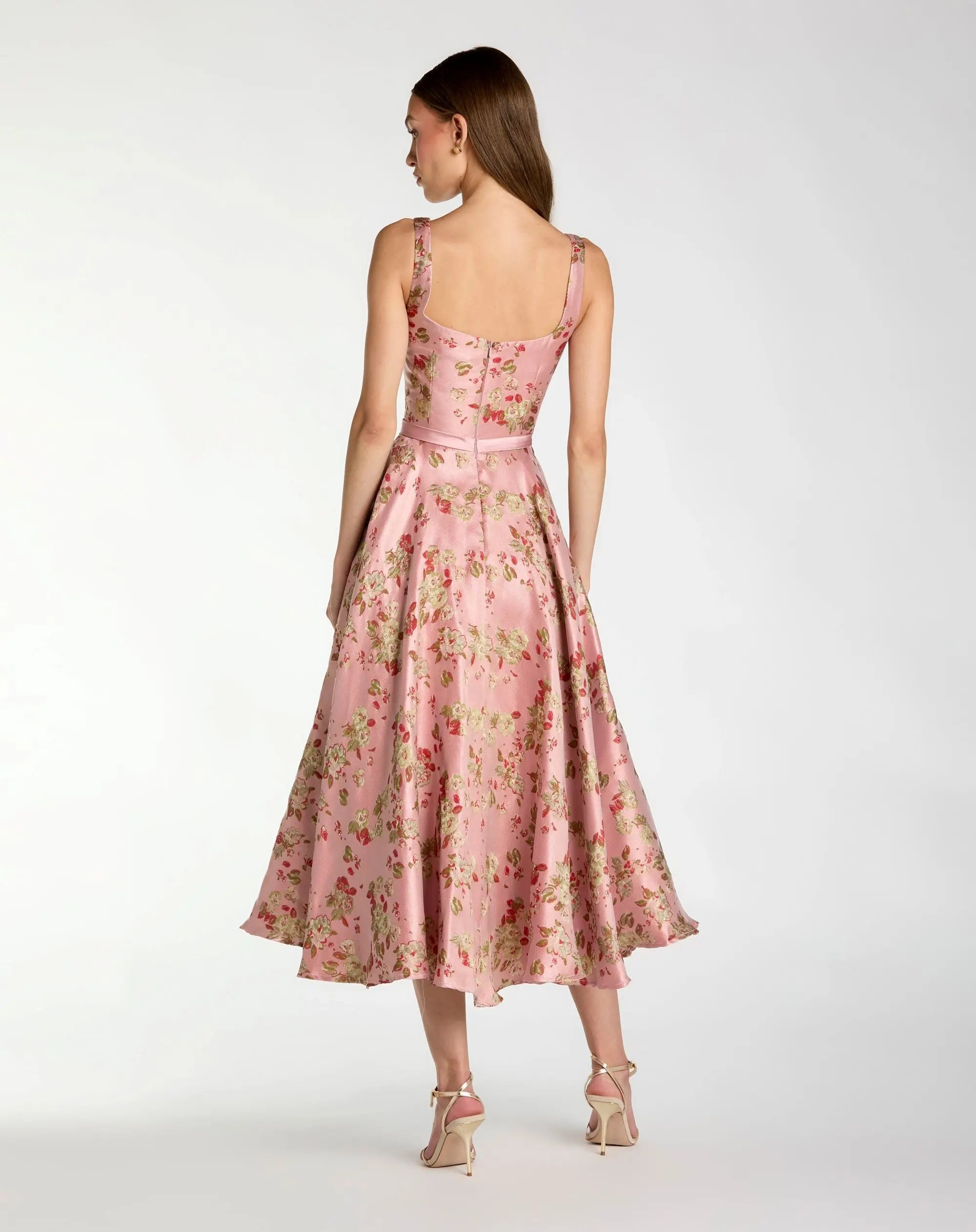 Pink Sleeveless Brocade A Line Midi Dress-Myartka
