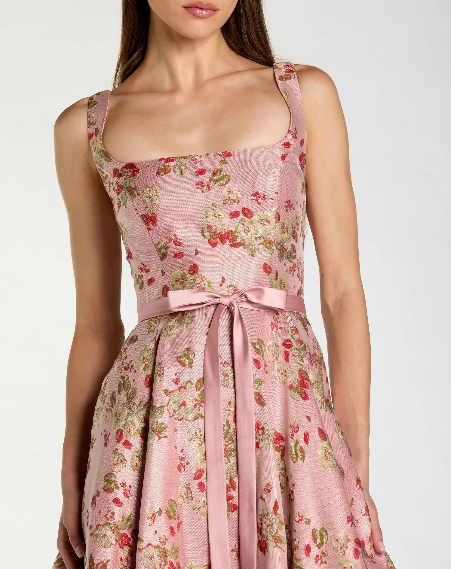 Pink Sleeveless Brocade A Line Midi Dress-Myartka