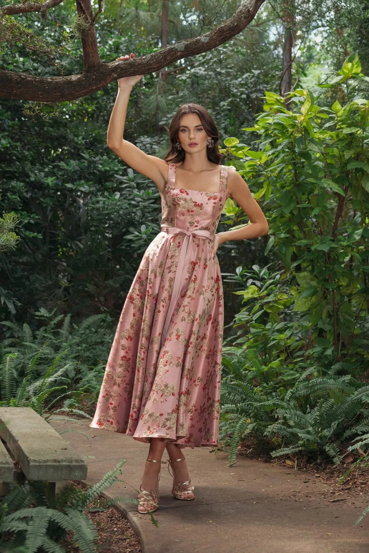 Pink Sleeveless Brocade A Line Midi Dress-Myartka