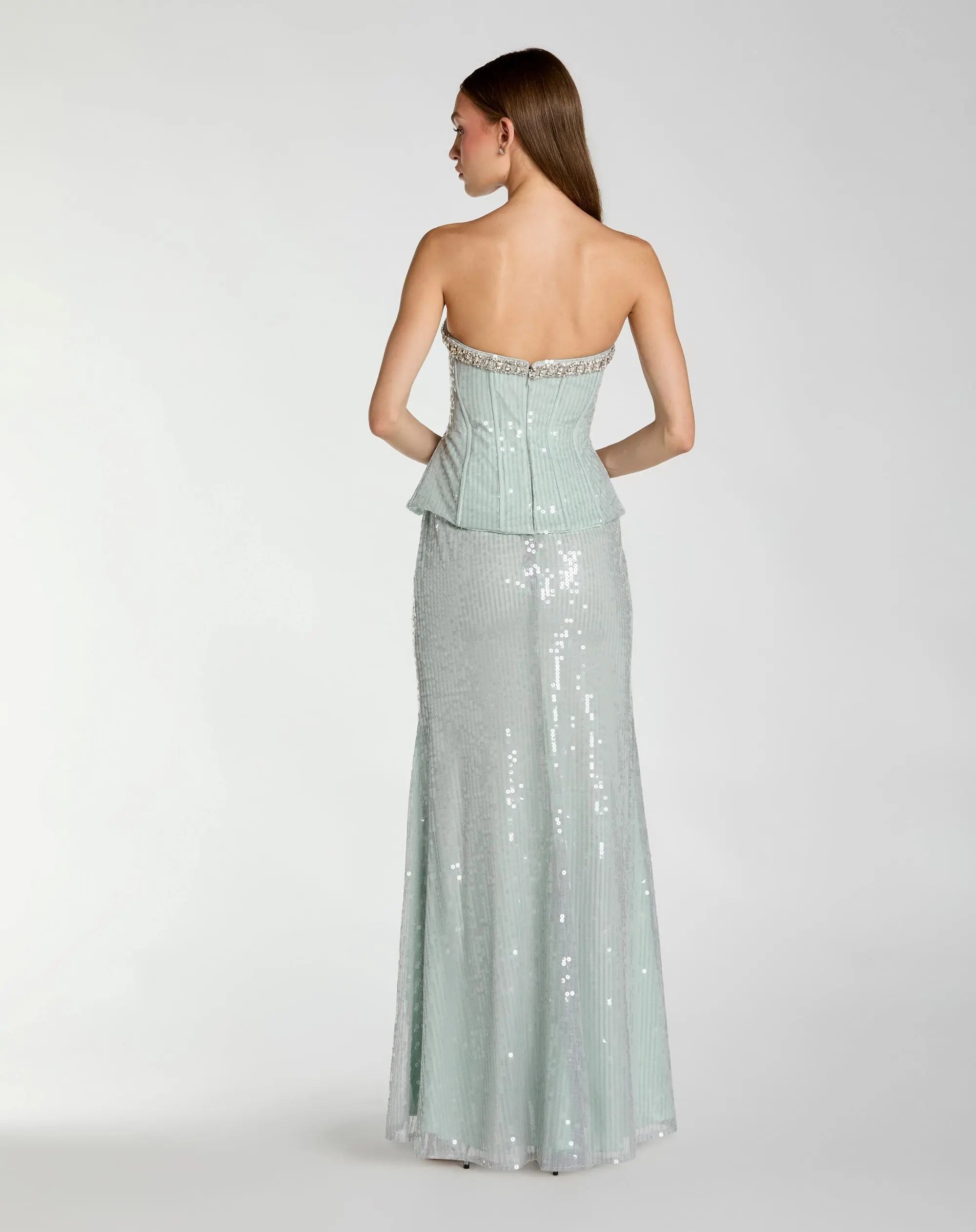 Blue Strapless Sequin Peplum Gown With Rhinestone Trim-Myartka
