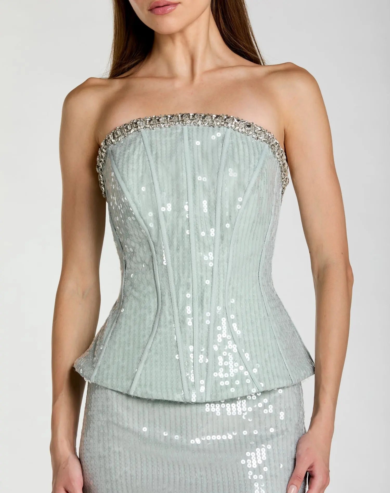 Blue Strapless Sequin Peplum Gown With Rhinestone Trim-Myartka