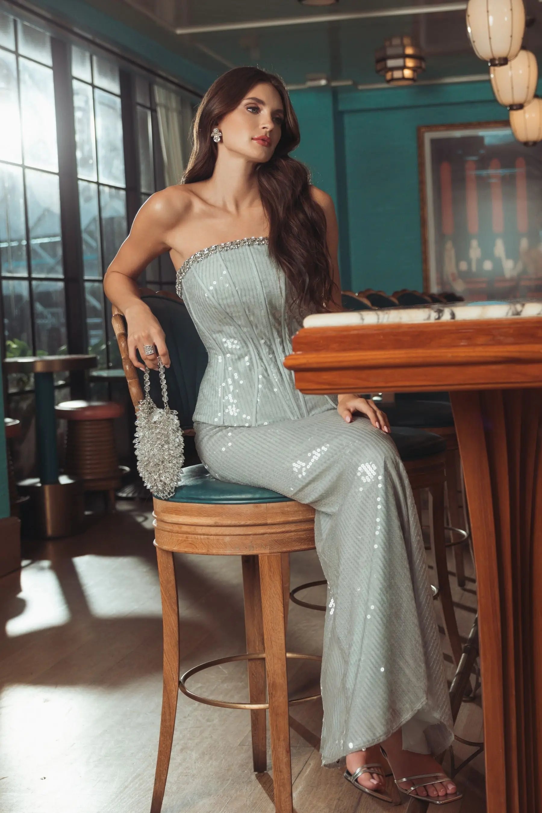 Blue Strapless Sequin Peplum Gown With Rhinestone Trim-Myartka