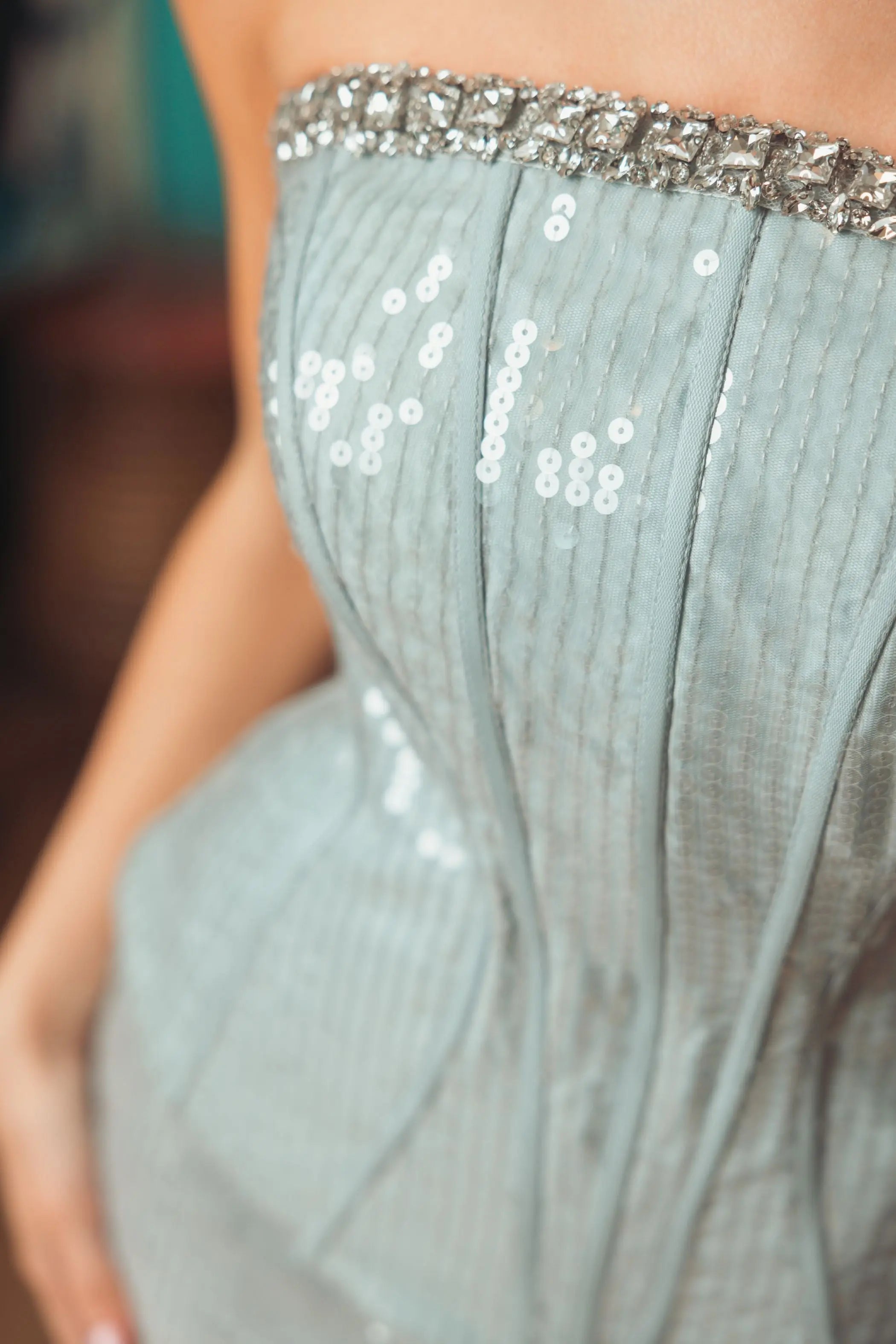 Blue Strapless Sequin Peplum Gown With Rhinestone Trim-Myartka