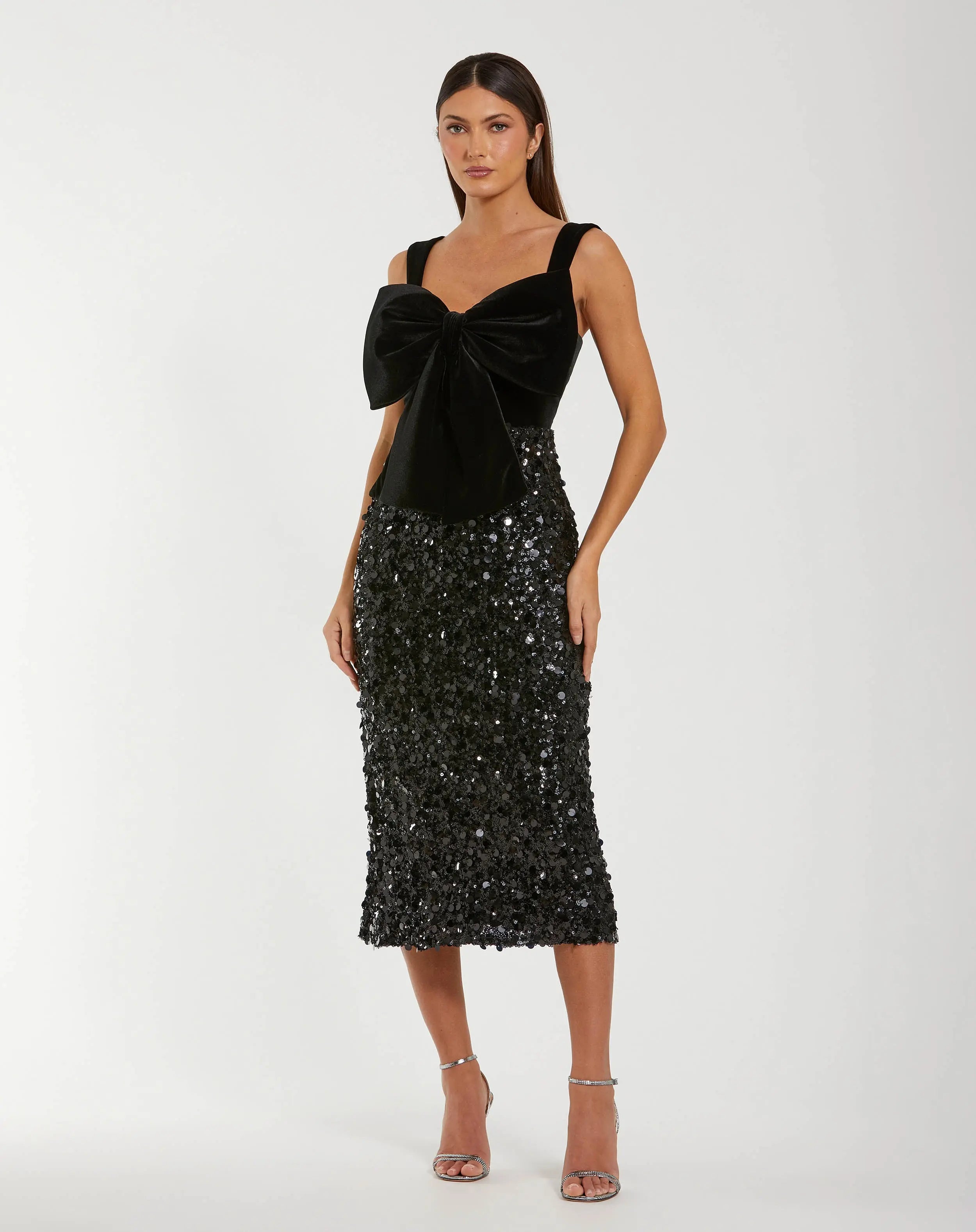 Black Sleeveless Sequin Midi Dress With Velvet Bow-Myartka