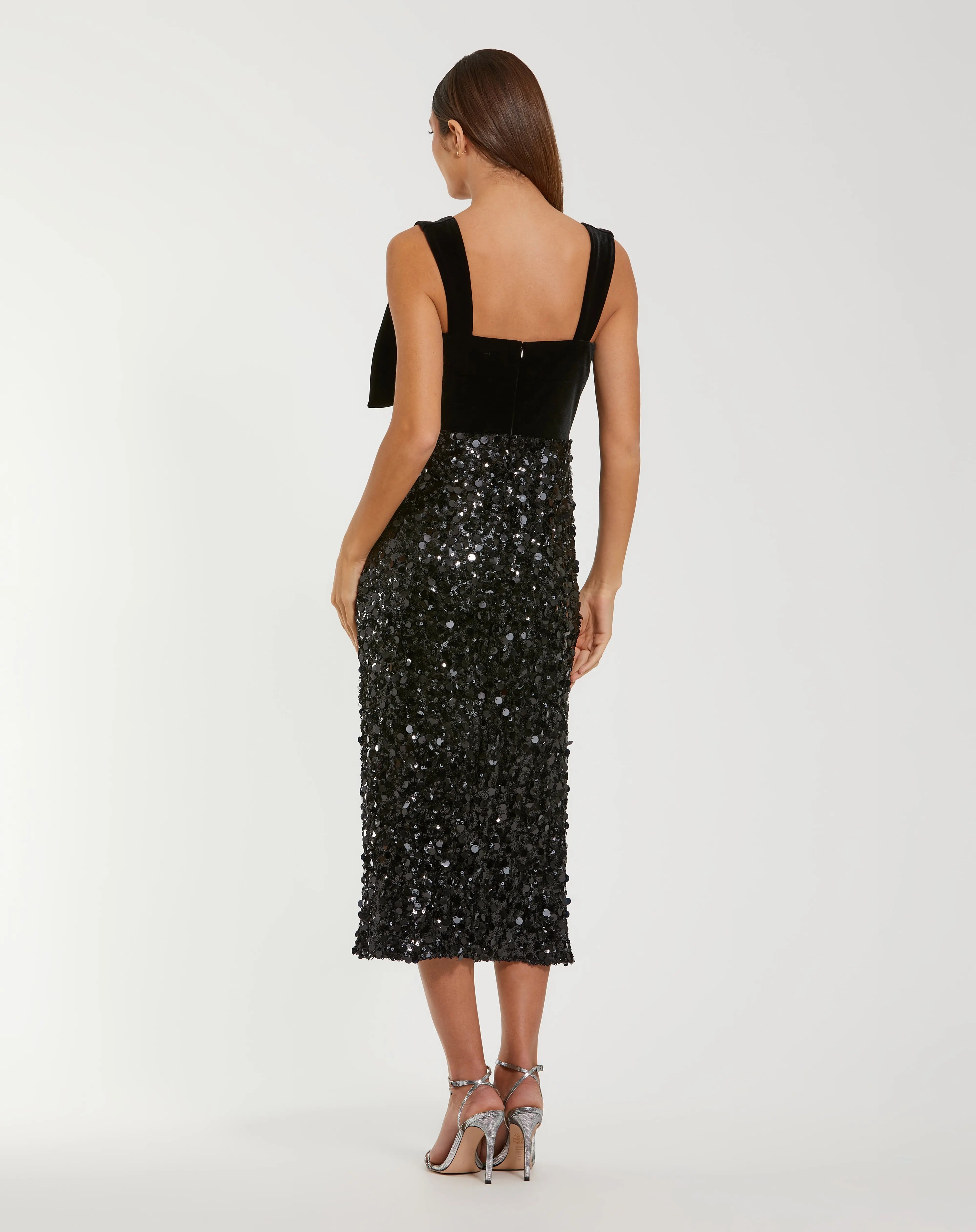 Black Sleeveless Sequin Midi Dress With Velvet Bow-Myartka