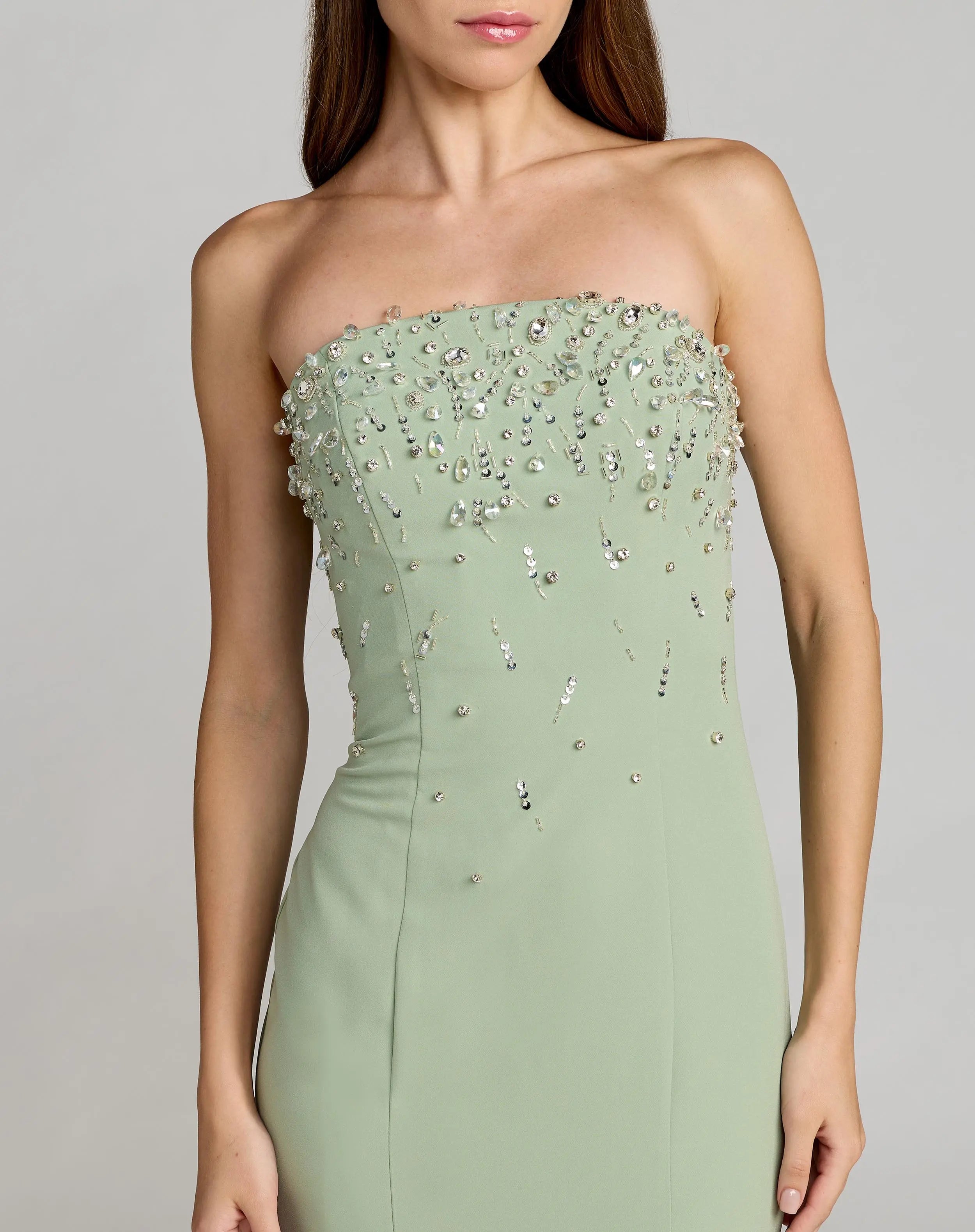 Green Strapless Embellished Crepe Mermaid Gown-Myartka