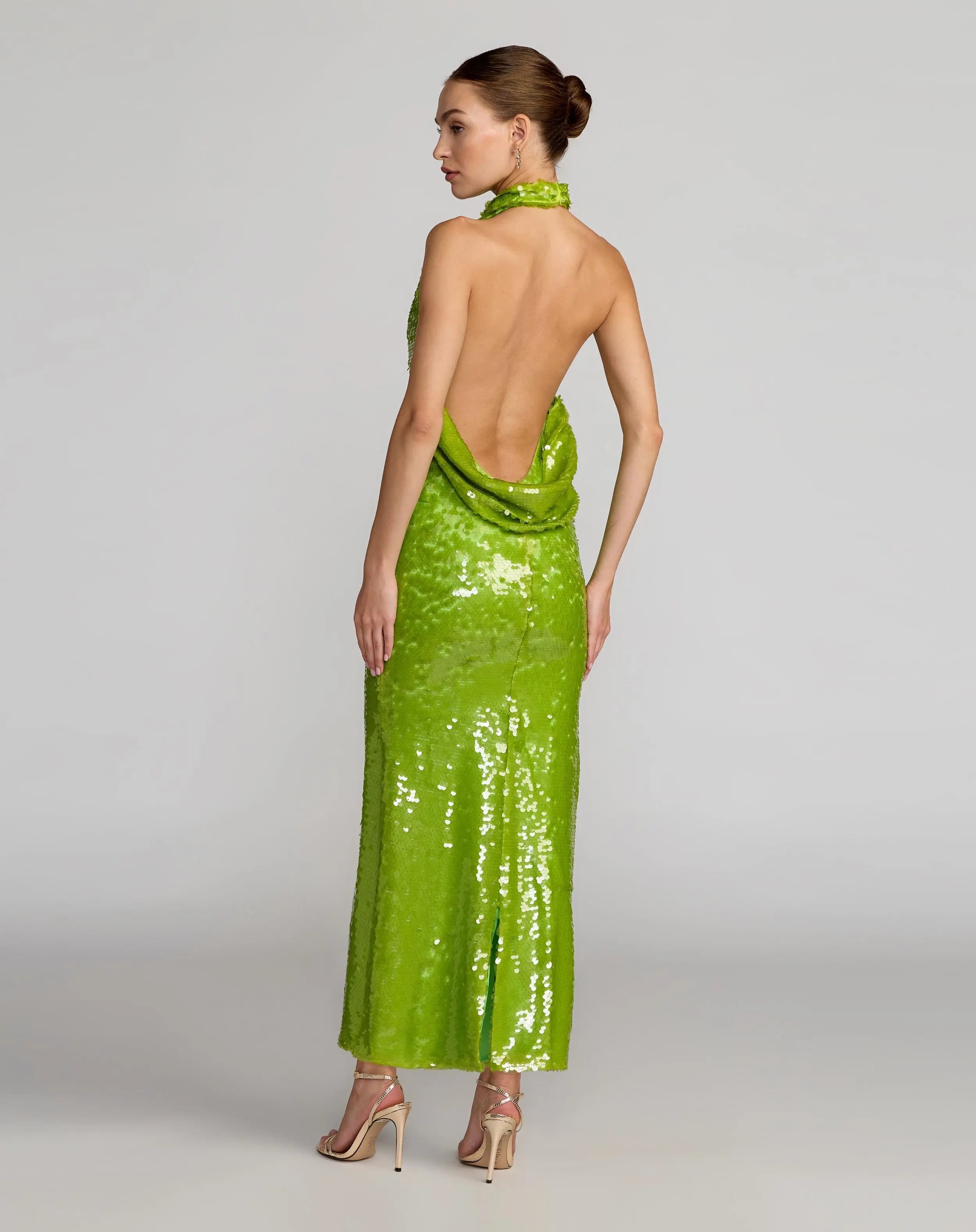 Green Sequin Halter Open Back Gown-Myartka