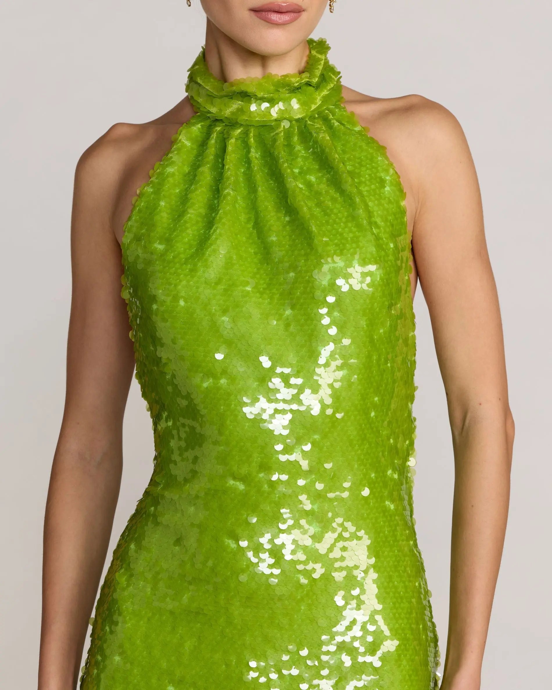 Green Sequin Halter Open Back Gown-Myartka