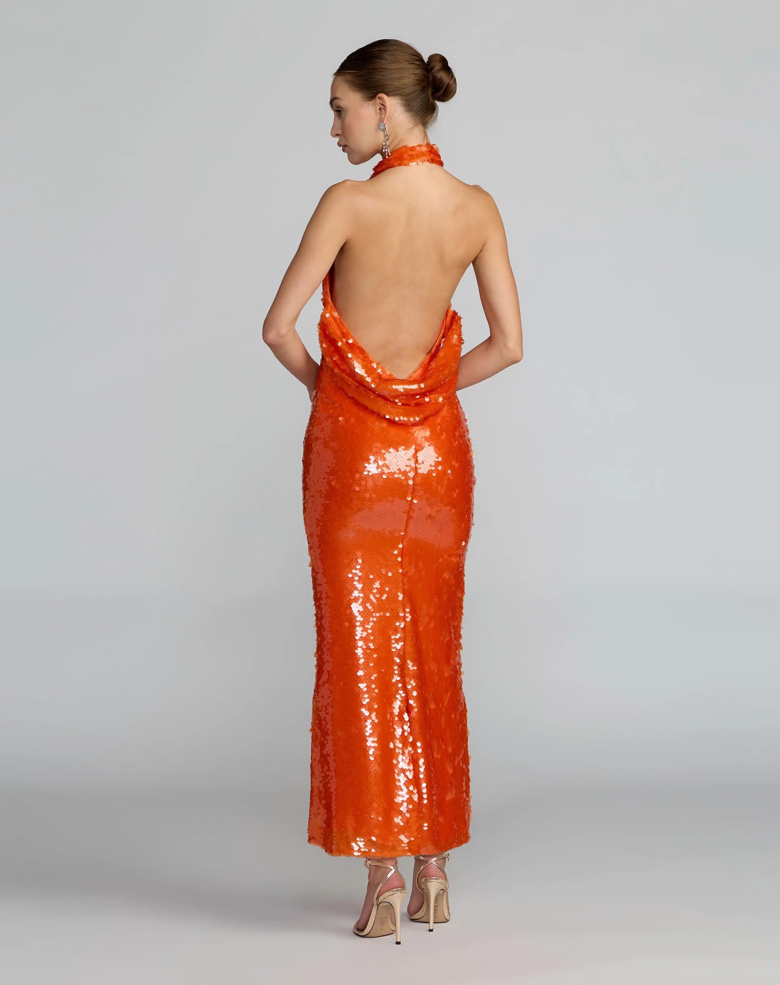 Orange Sequin Halter Open Back Gown-Myartka