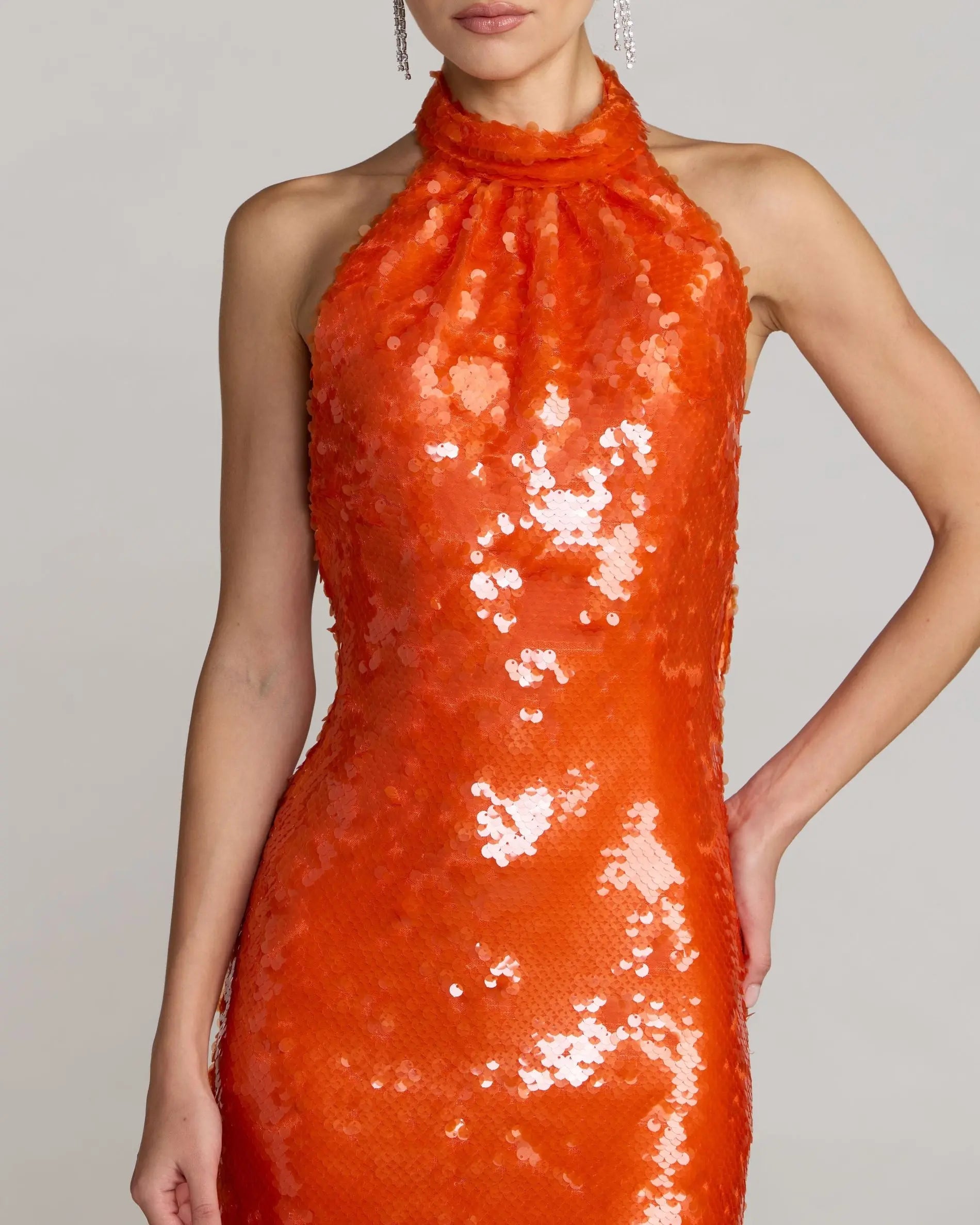 Orange Sequin Halter Open Back Gown-Myartka