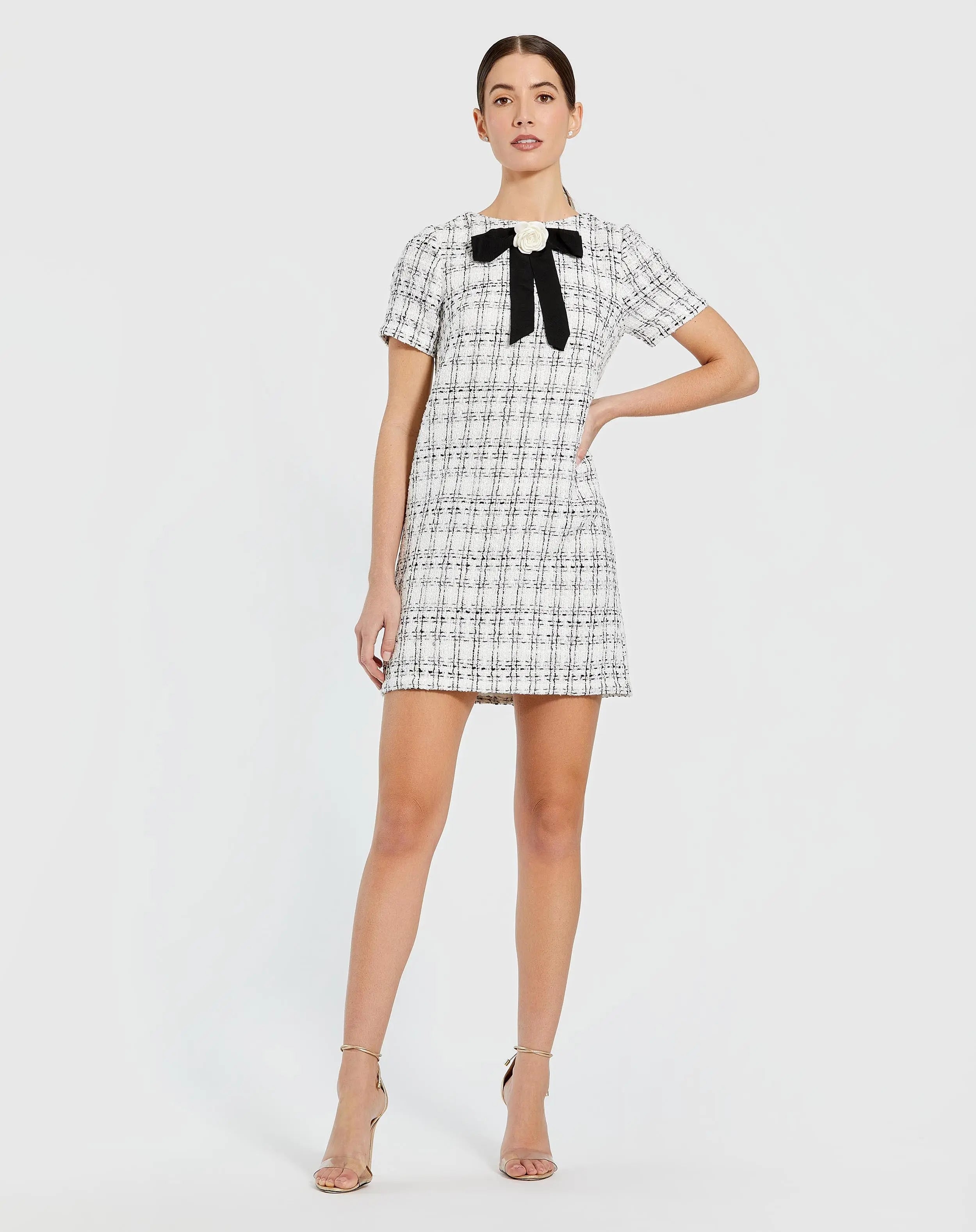 White Short Sleeve Boucle Mini Dress with Bow-Myartka