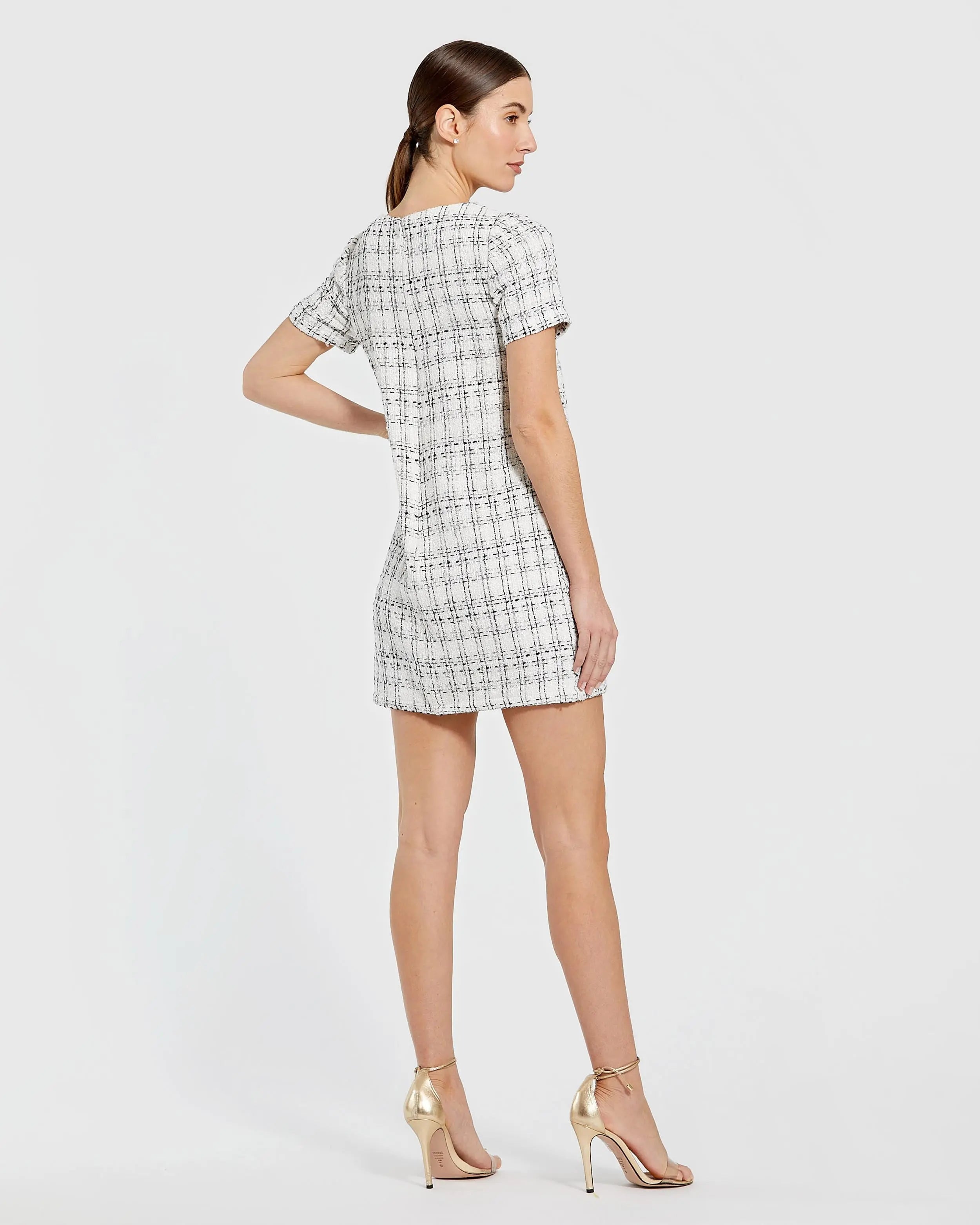 White Short Sleeve Boucle Mini Dress with Bow-Myartka