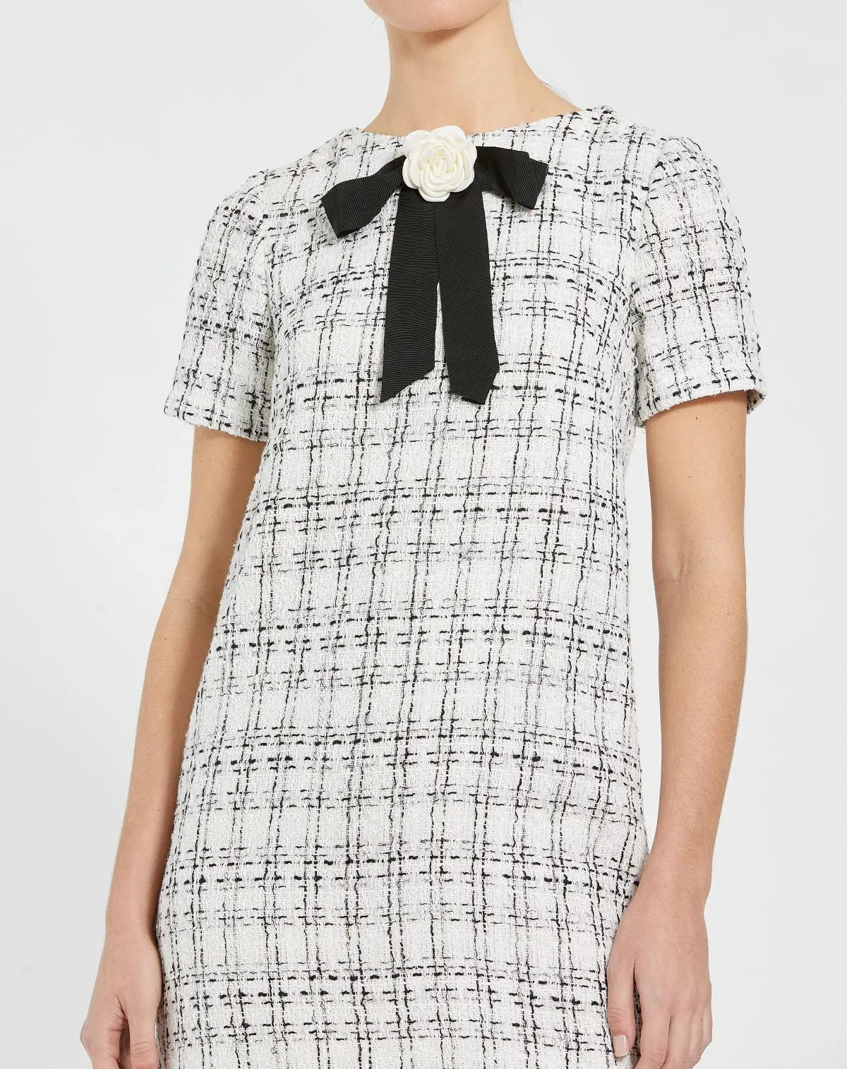 White Short Sleeve Boucle Mini Dress with Bow-Myartka