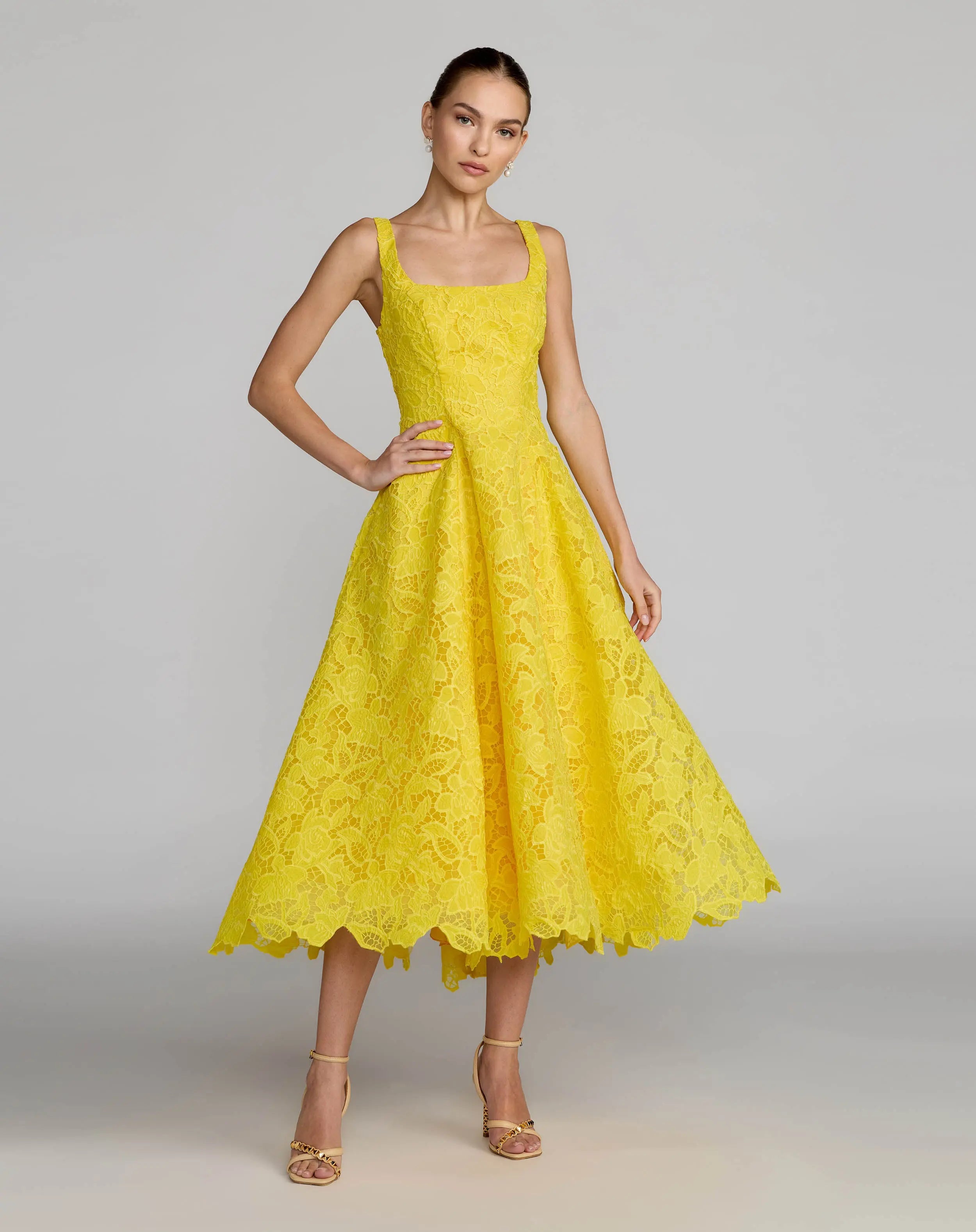 Yellow Lace Square Neck A-Line Midi Dress-Myartka