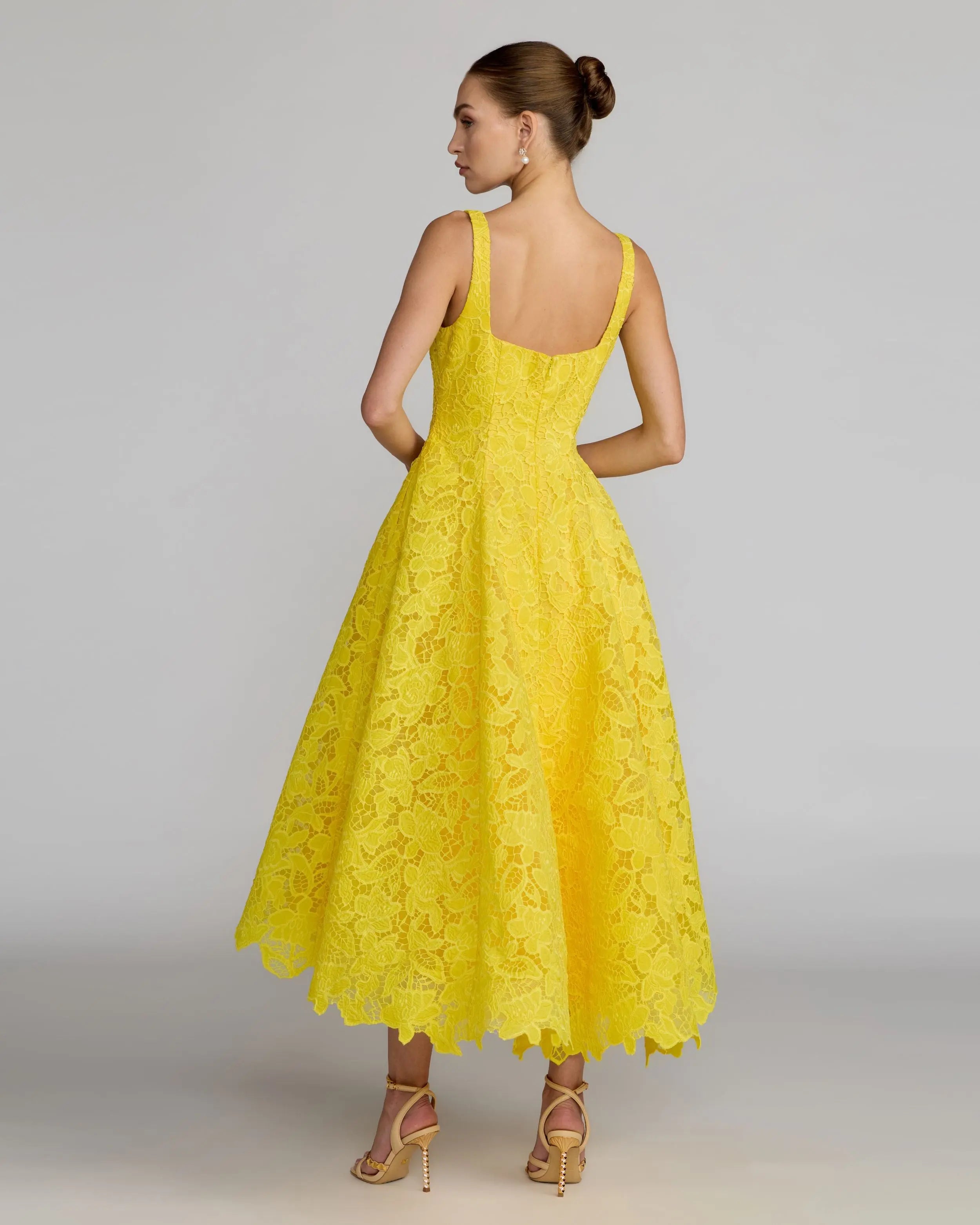 Yellow Lace Square Neck A-Line Midi Dress-Myartka