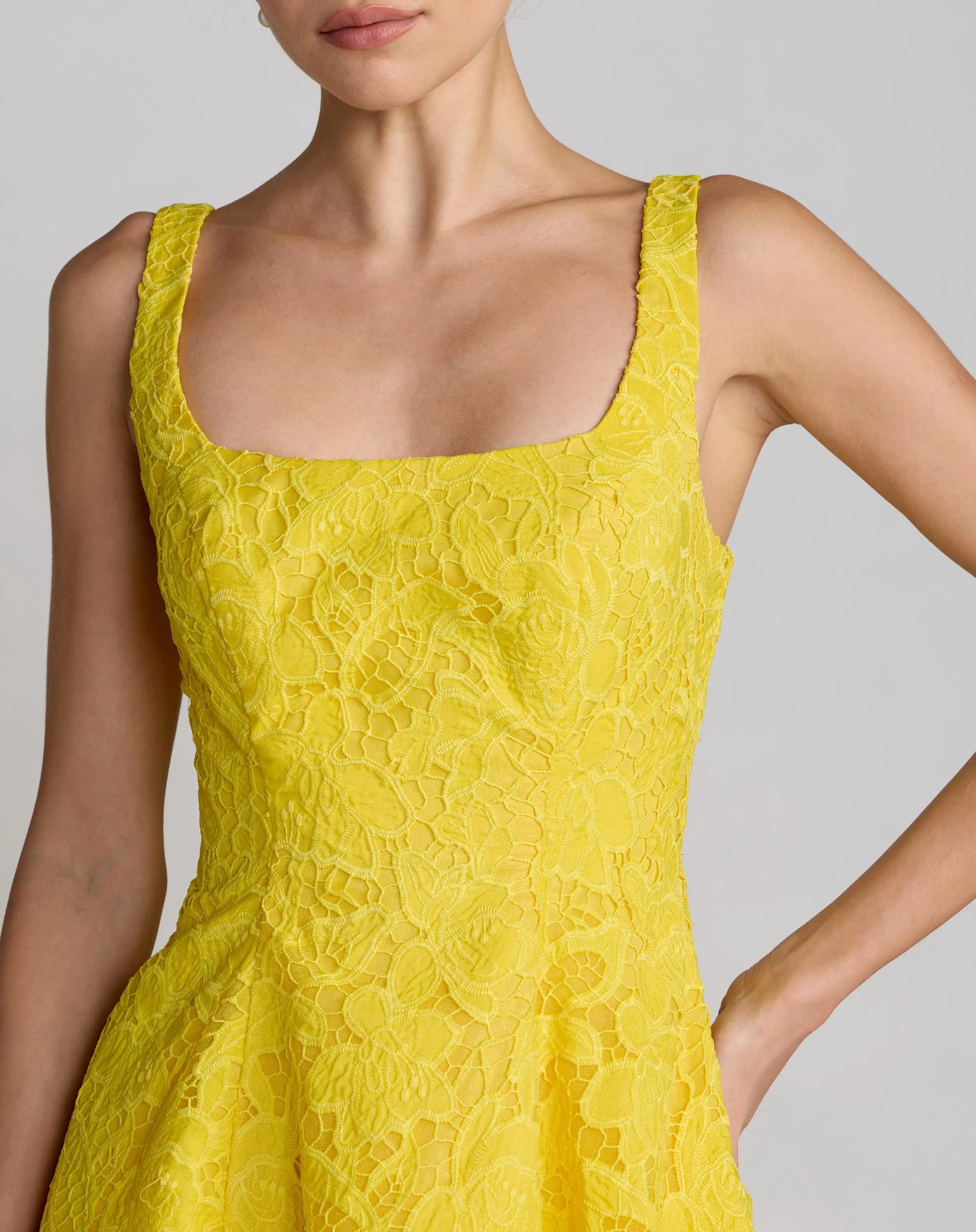 Yellow Lace Square Neck A-Line Midi Dress-Myartka