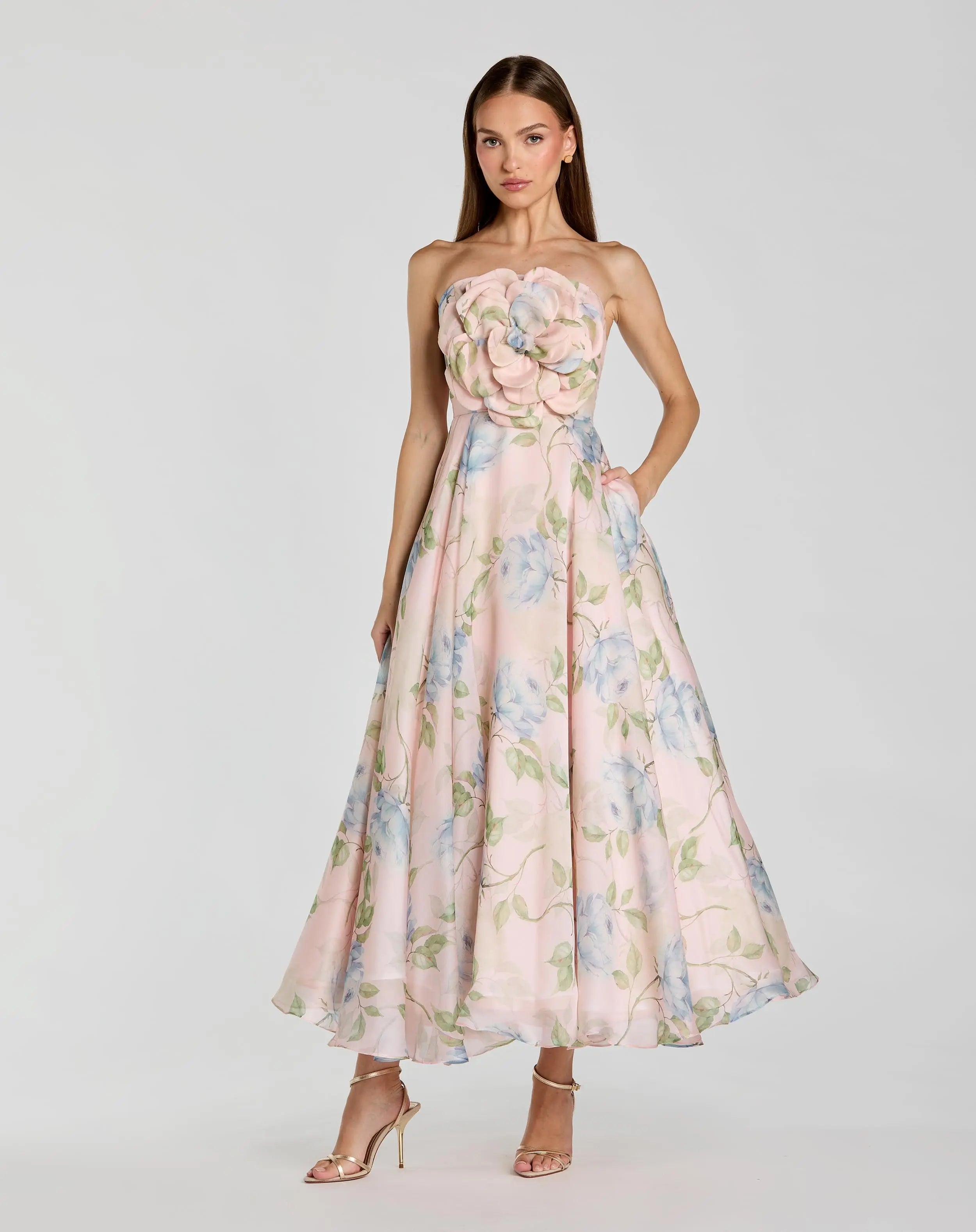 Pink Strapless Floral Organza Midi Dress With Flower-Myartka
