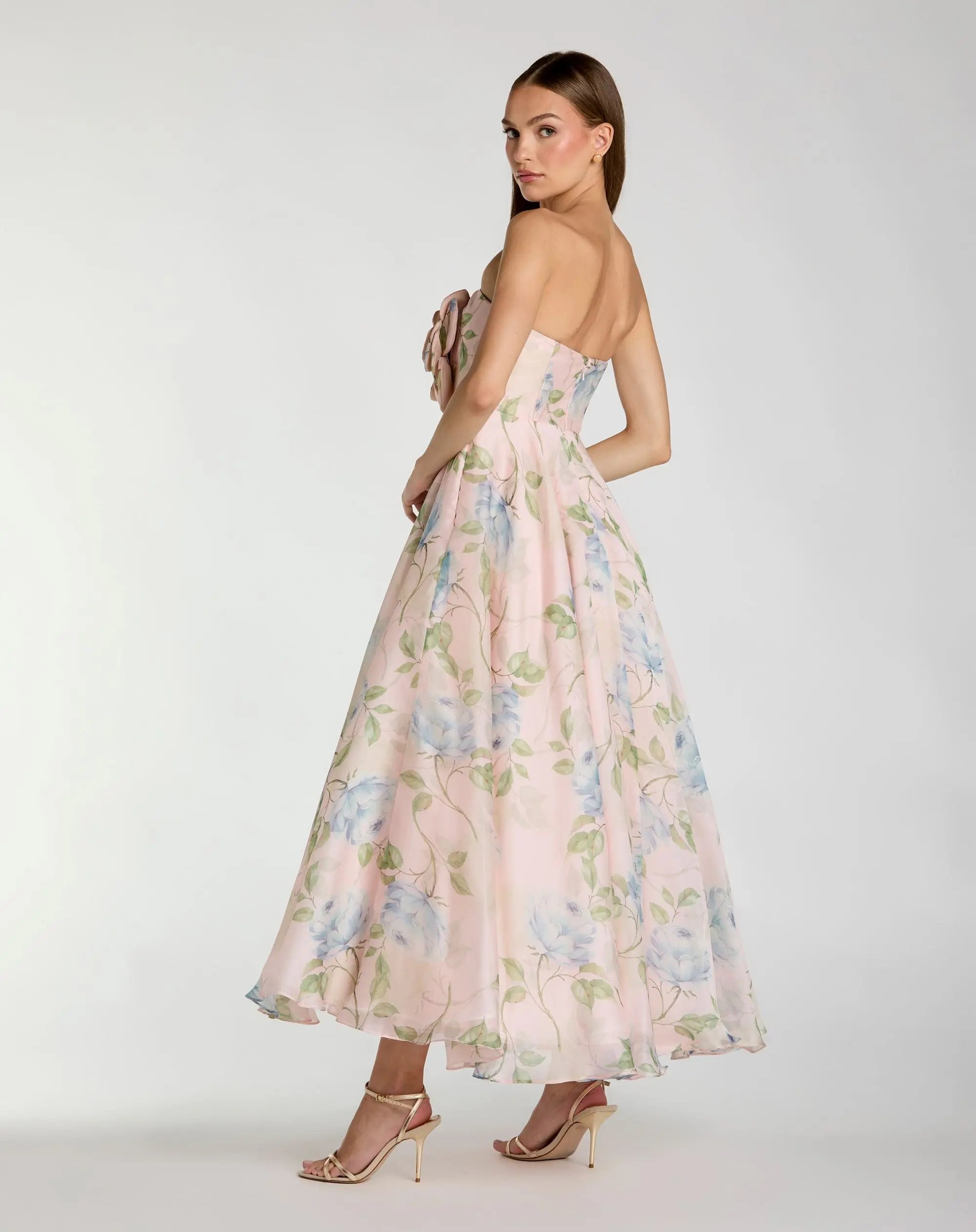 Pink Strapless Floral Organza Midi Dress With Flower-Myartka