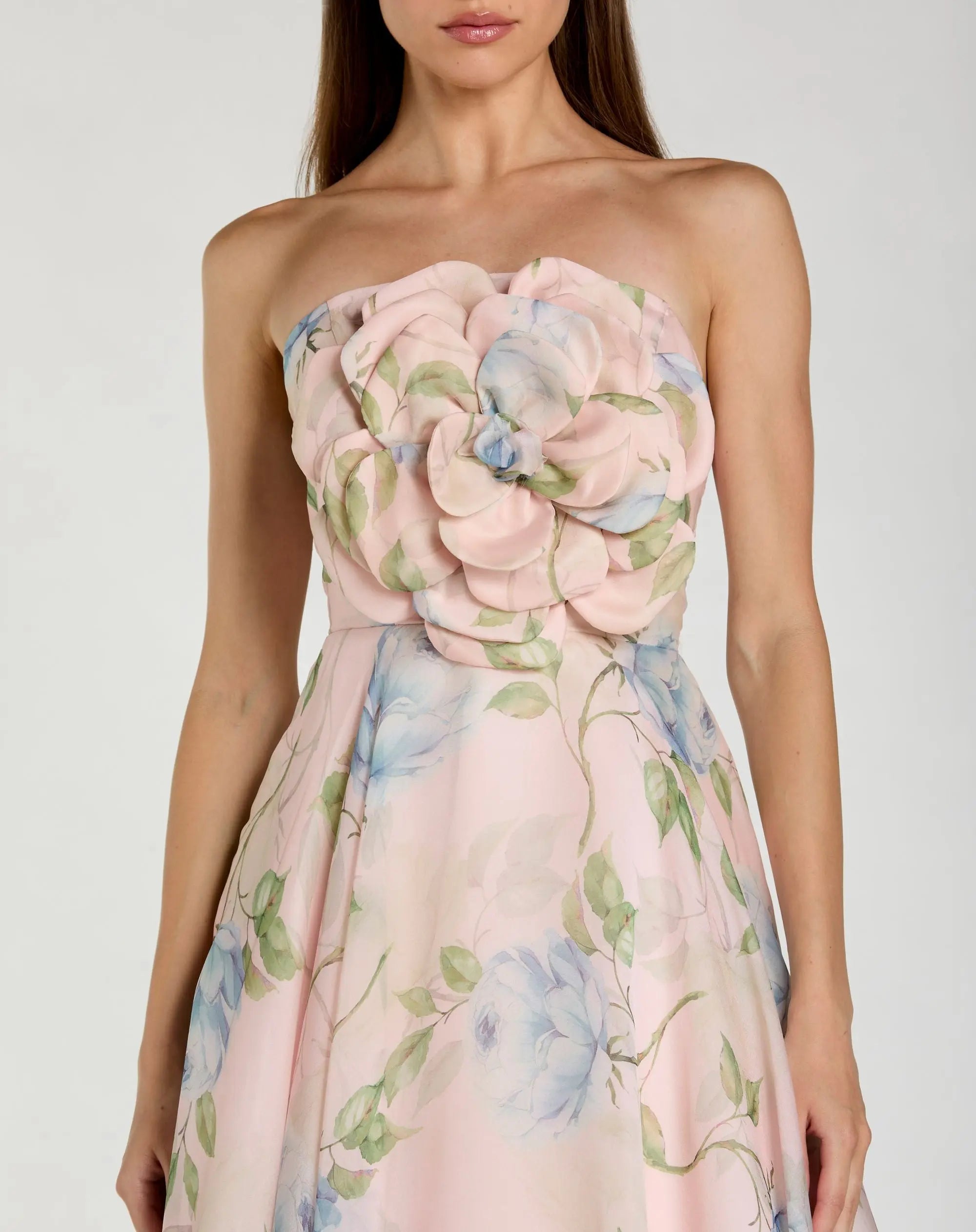 Pink Strapless Floral Organza Midi Dress With Flower-Myartka