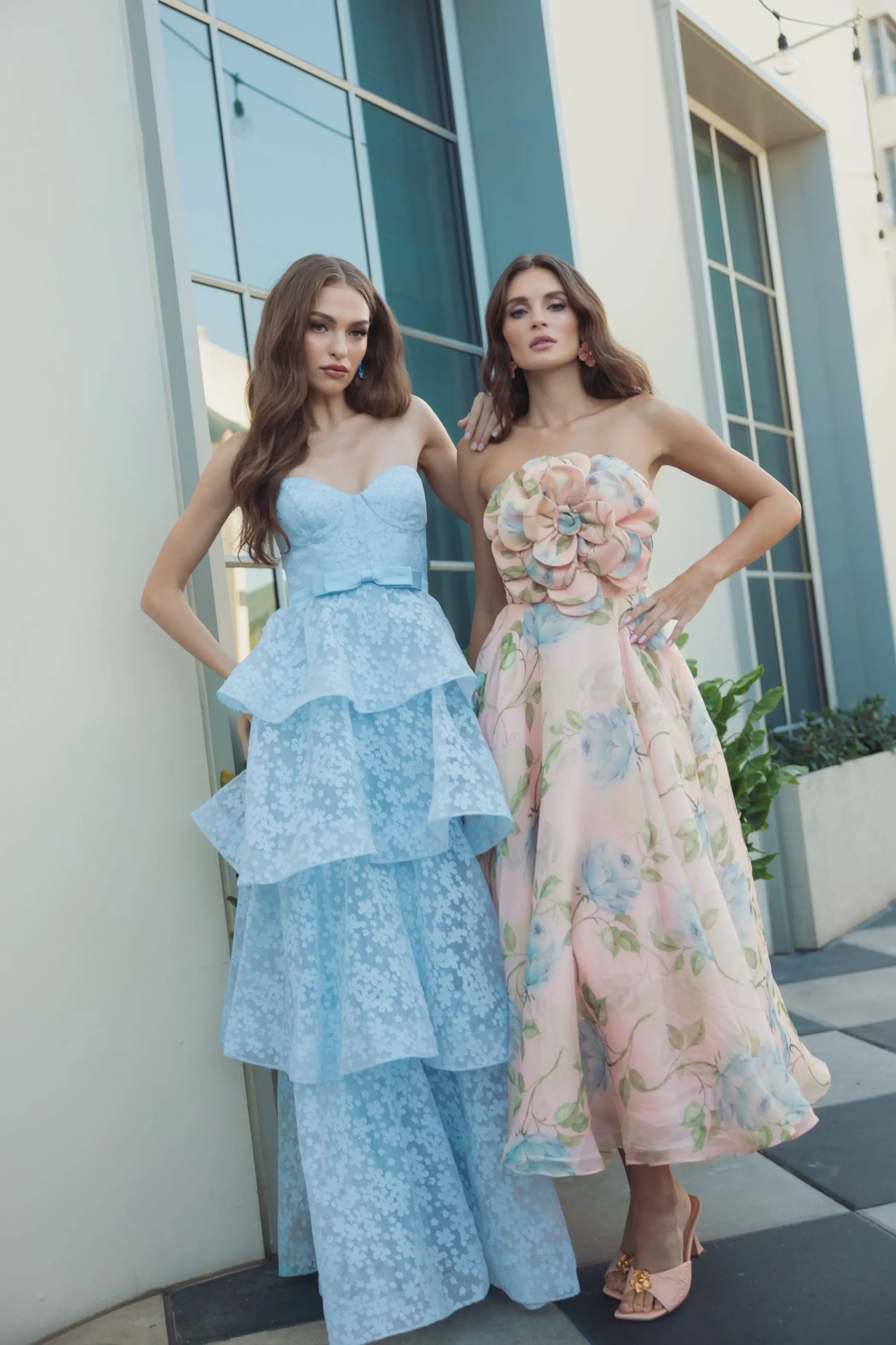 Pink Strapless Floral Organza Midi Dress With Flower-Myartka