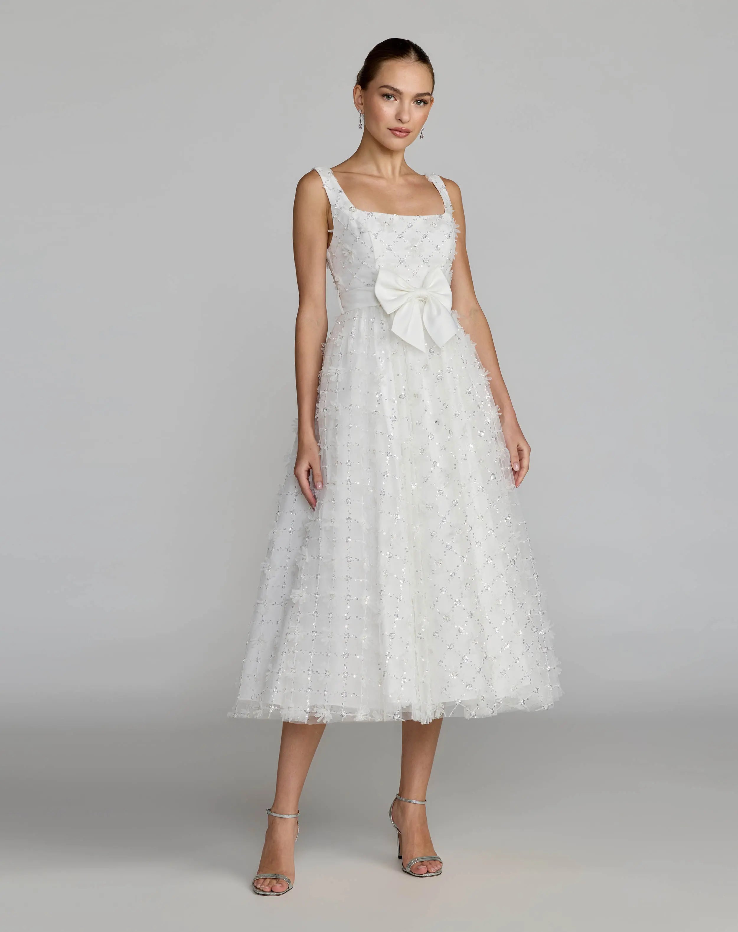 White Embellished Tulle Midi Dress with Satin Bow-Myartka
