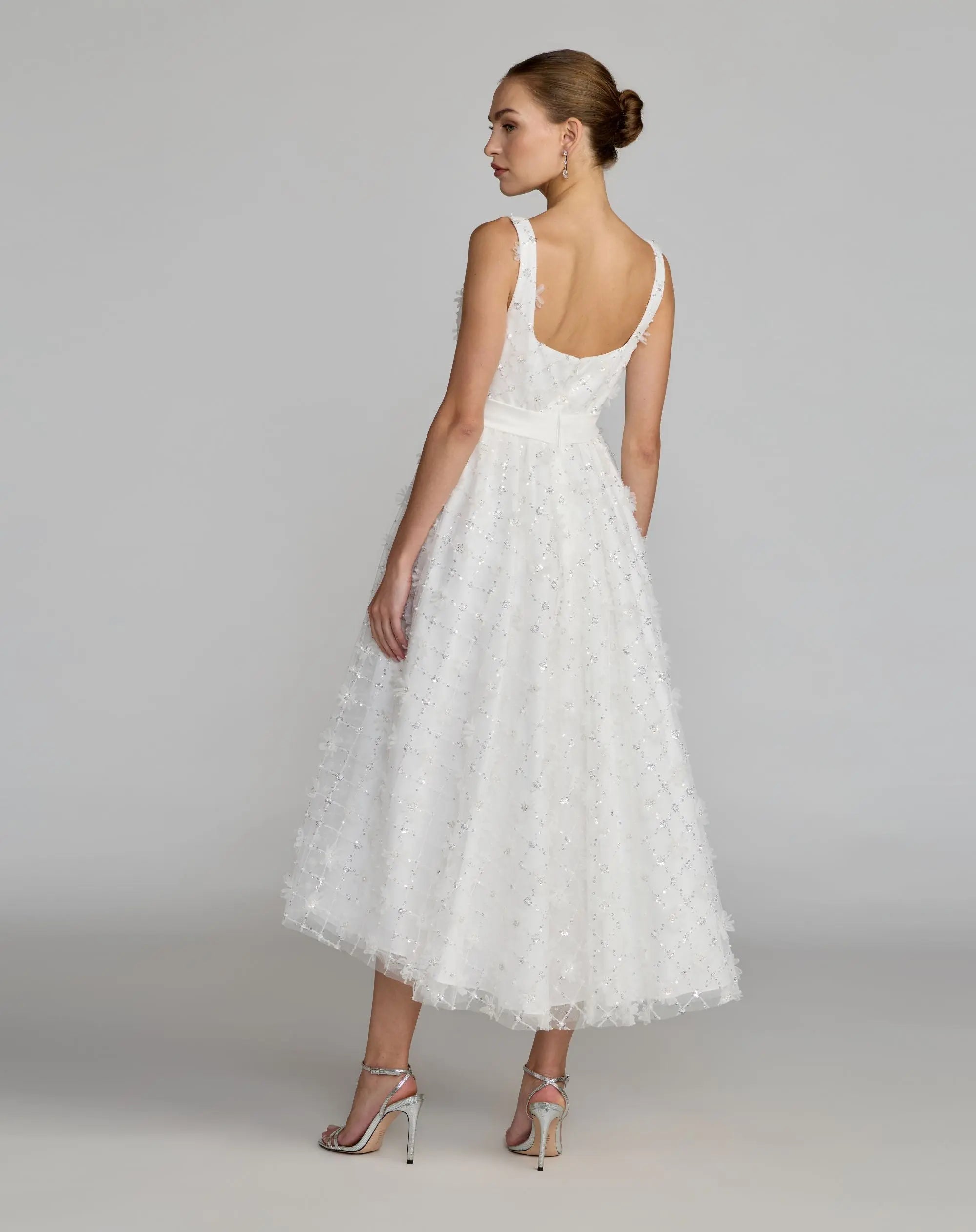 White Embellished Tulle Midi Dress with Satin Bow-Myartka