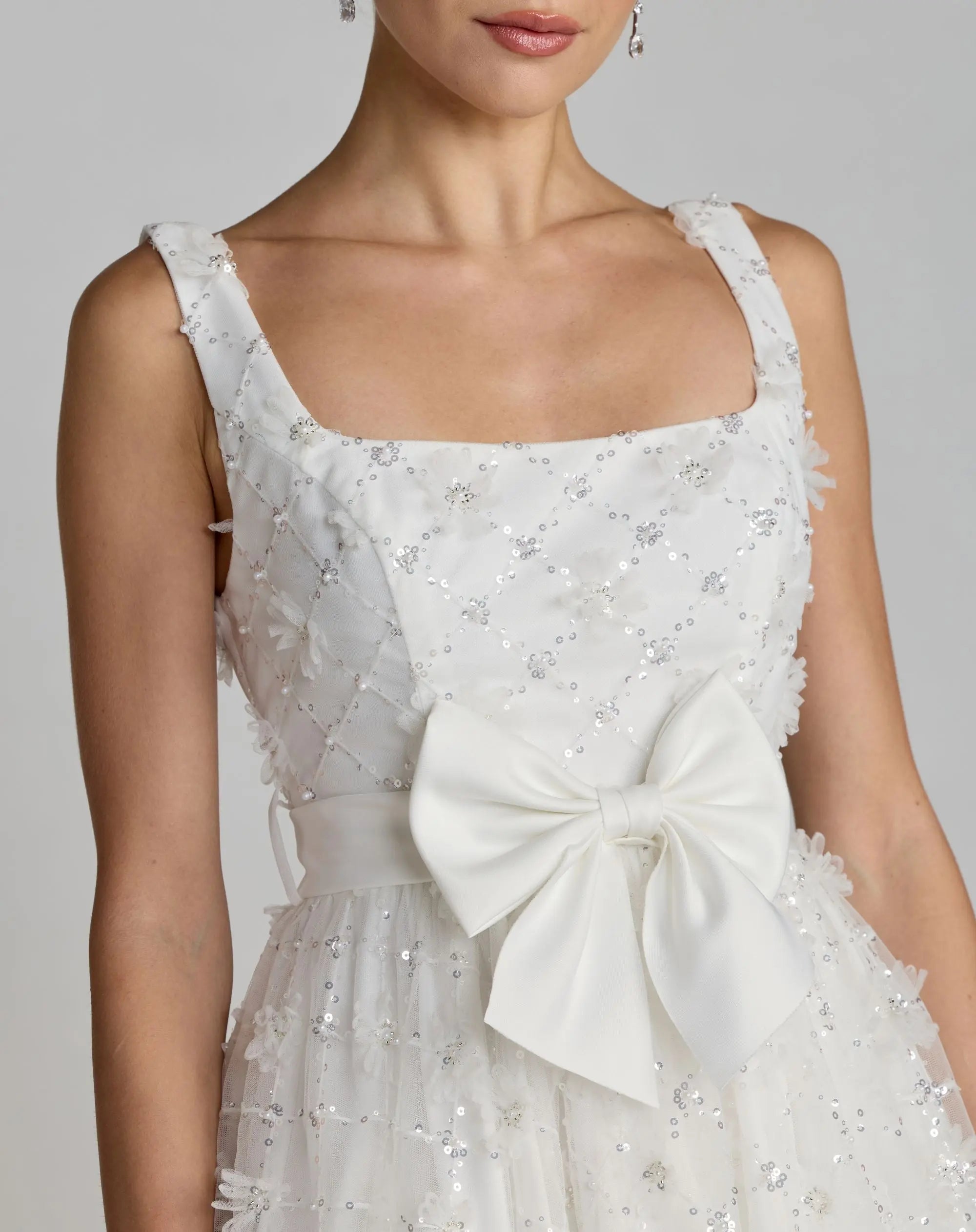 White Embellished Tulle Midi Dress with Satin Bow-Myartka