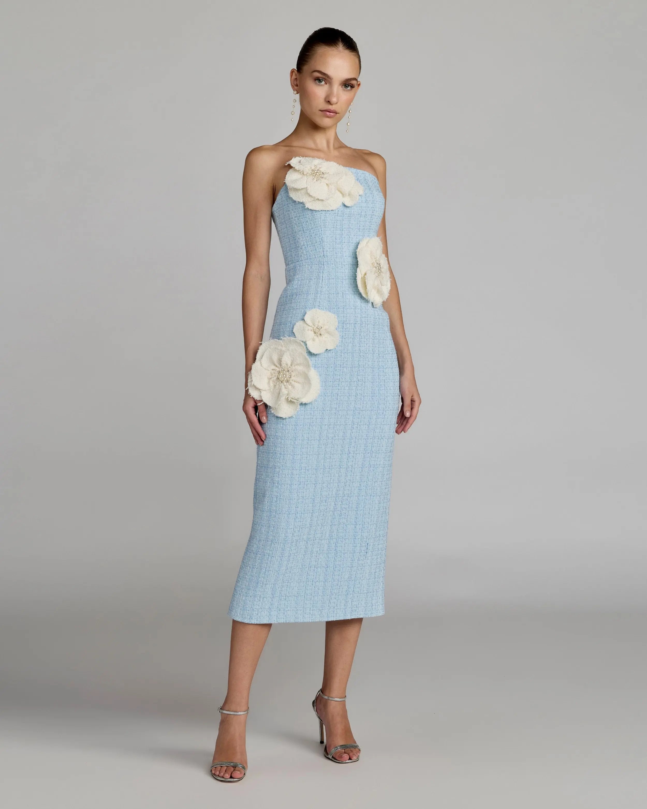 Blue Boucle Strapless 3D Floral Midi Dress-Myartka