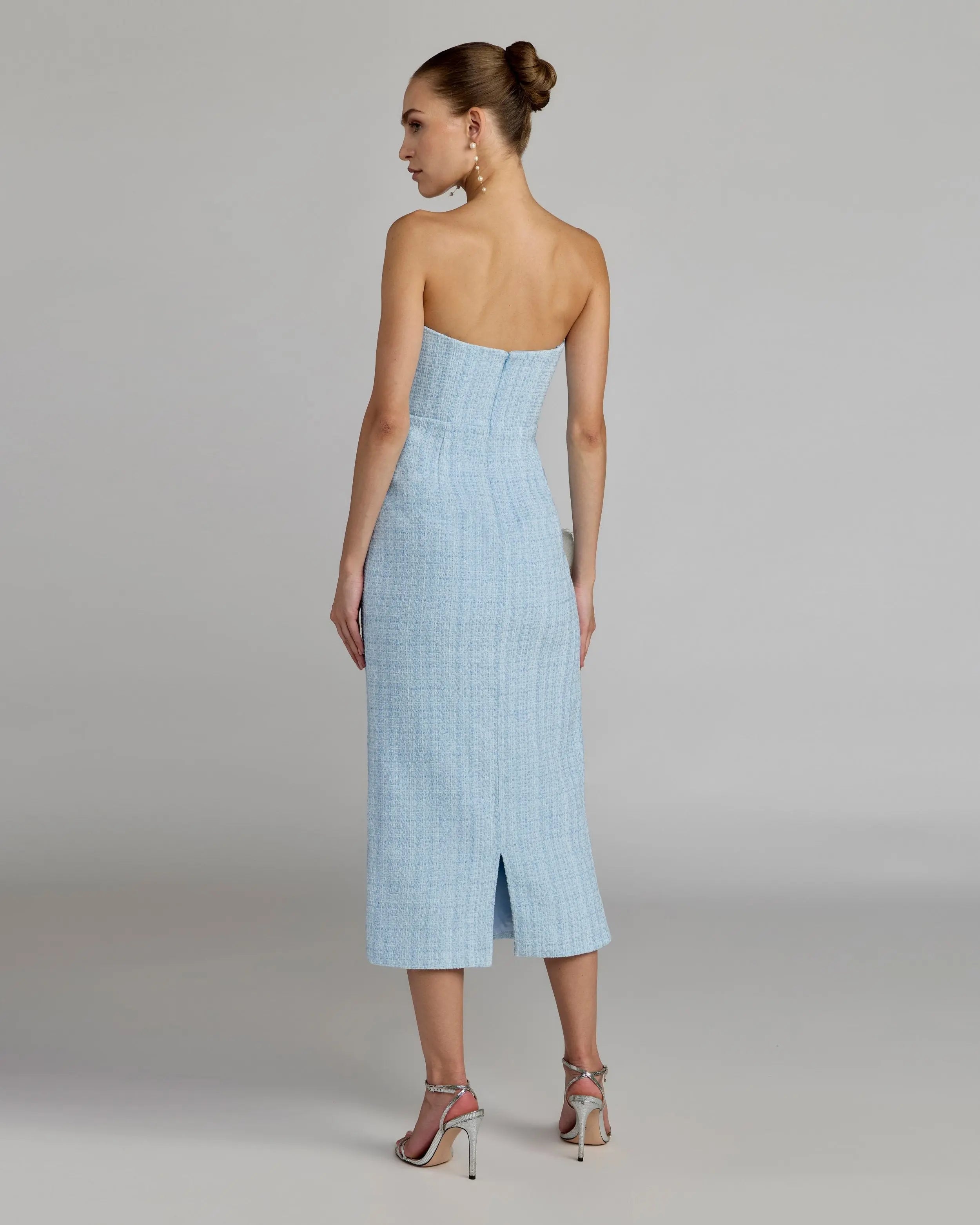 Blue Boucle Strapless 3D Floral Midi Dress-Myartka