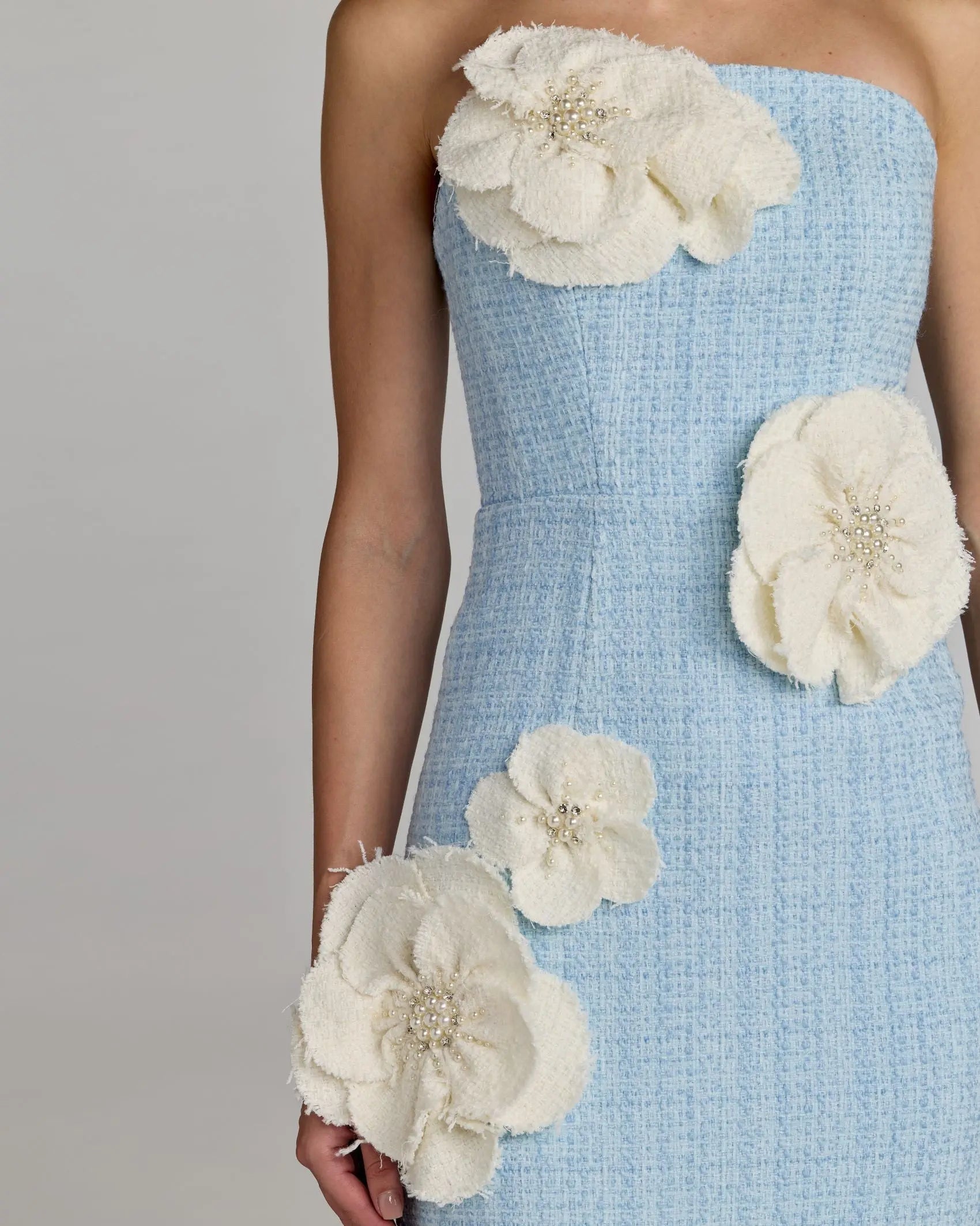 Blue Boucle Strapless 3D Floral Midi Dress-Myartka