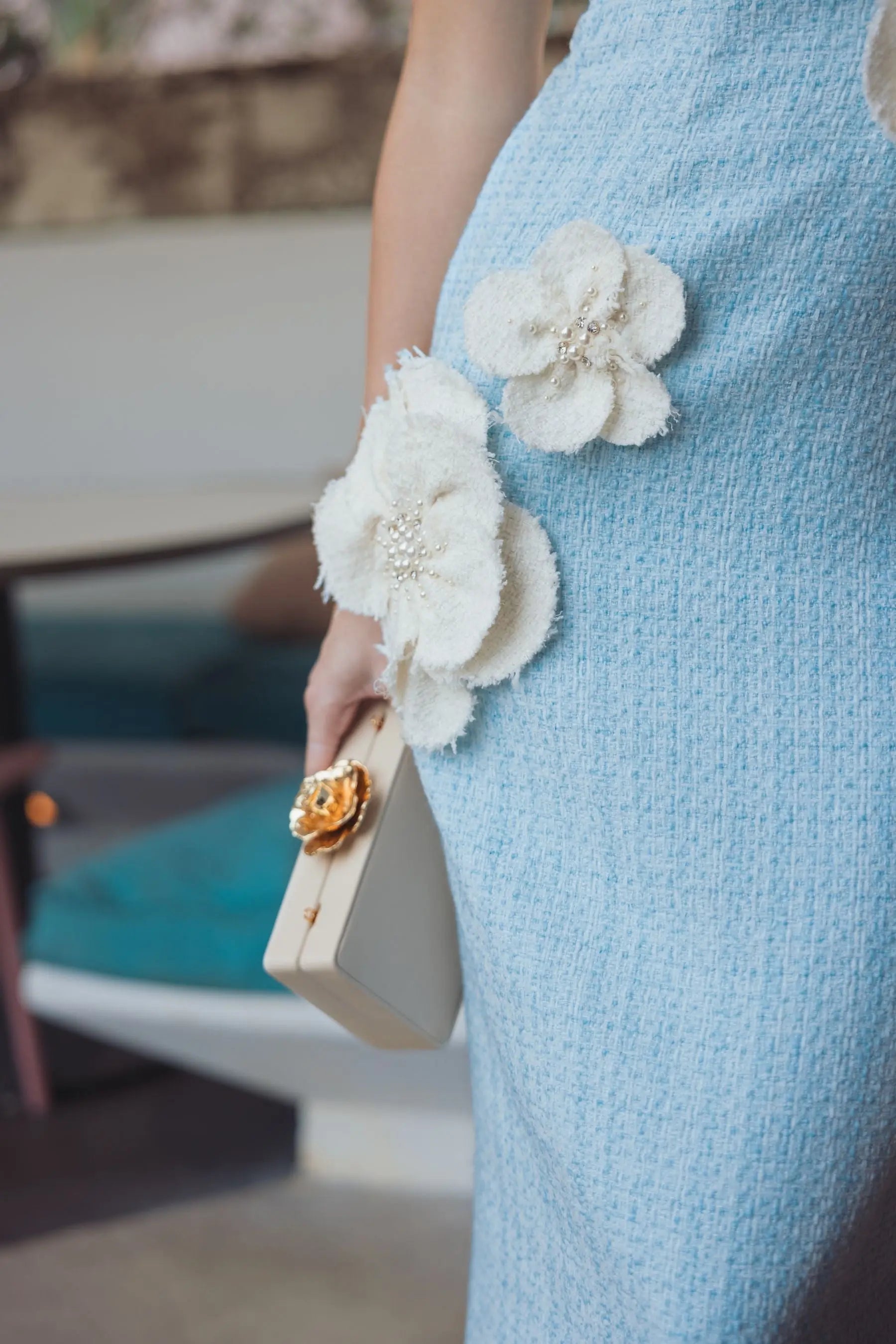 Blue Boucle Strapless 3D Floral Midi Dress-Myartka