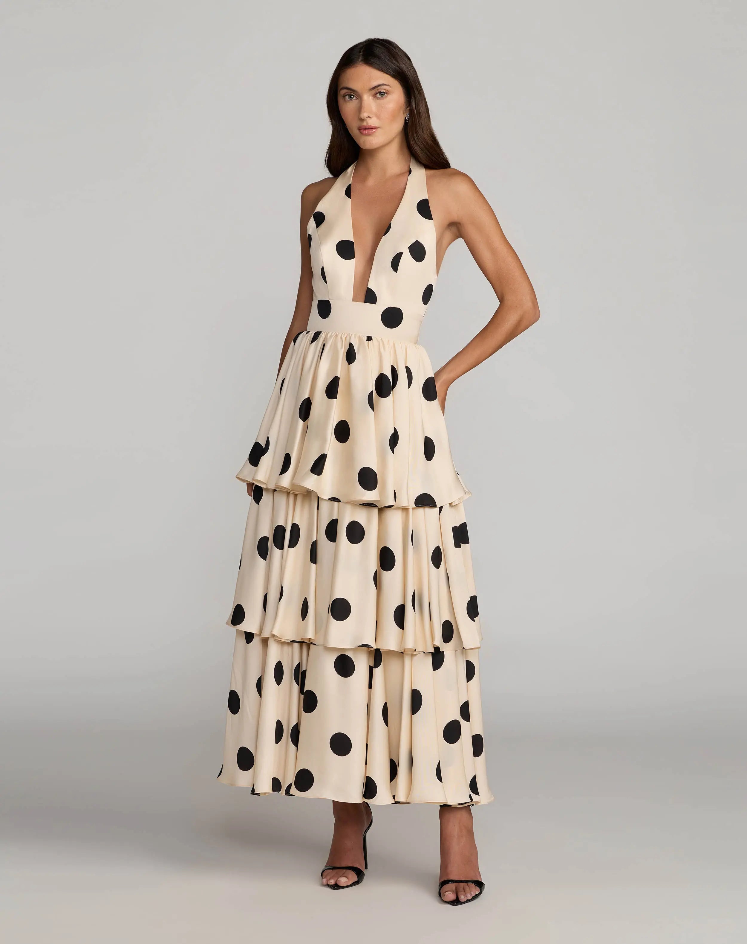 Beige Halter Neck Polka Dot Ruffle Maxi Dress-Myartka