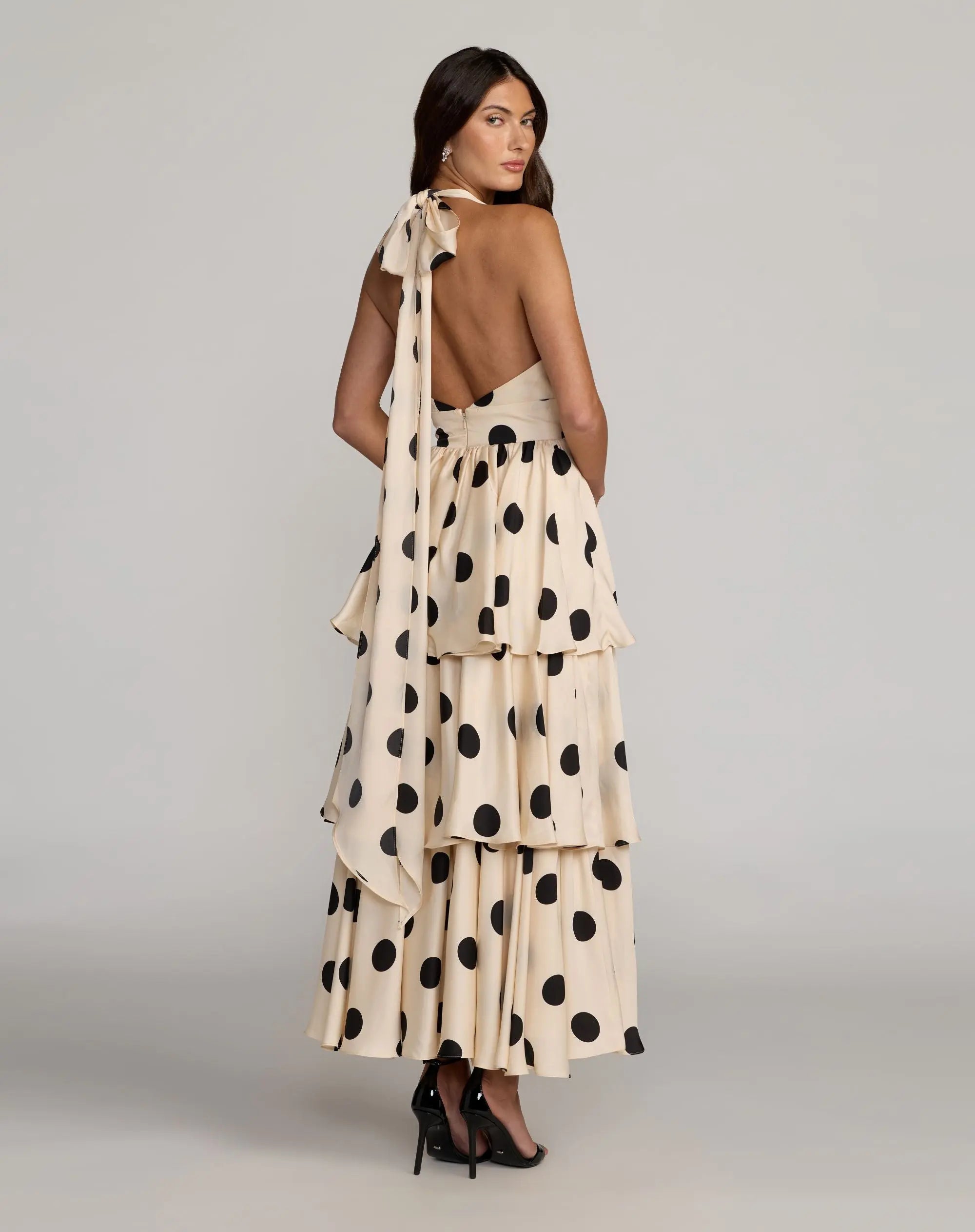 Beige Halter Neck Polka Dot Ruffle Maxi Dress-Myartka