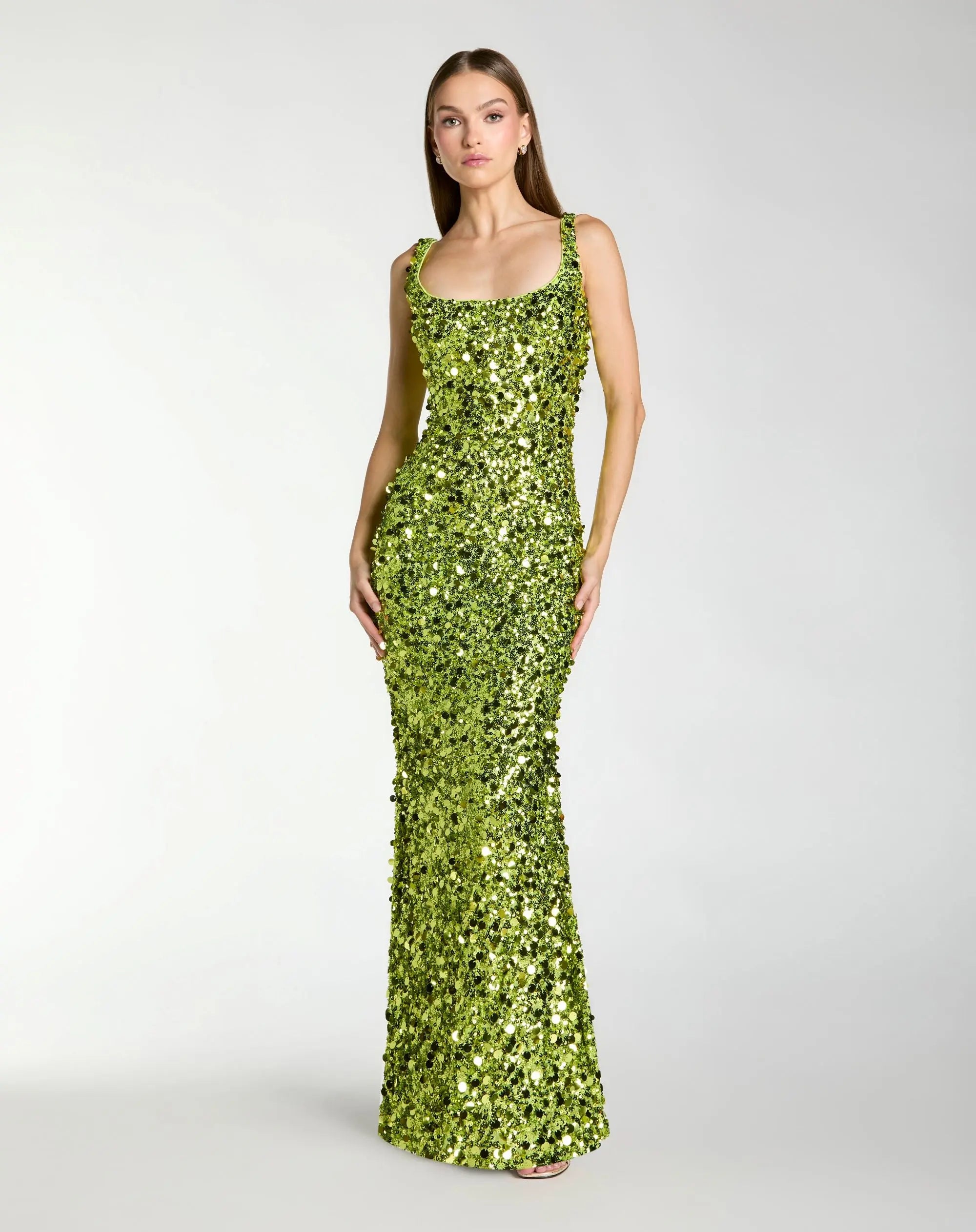 Green Sleeveless Paillette Sequin Column Gown-Myartka