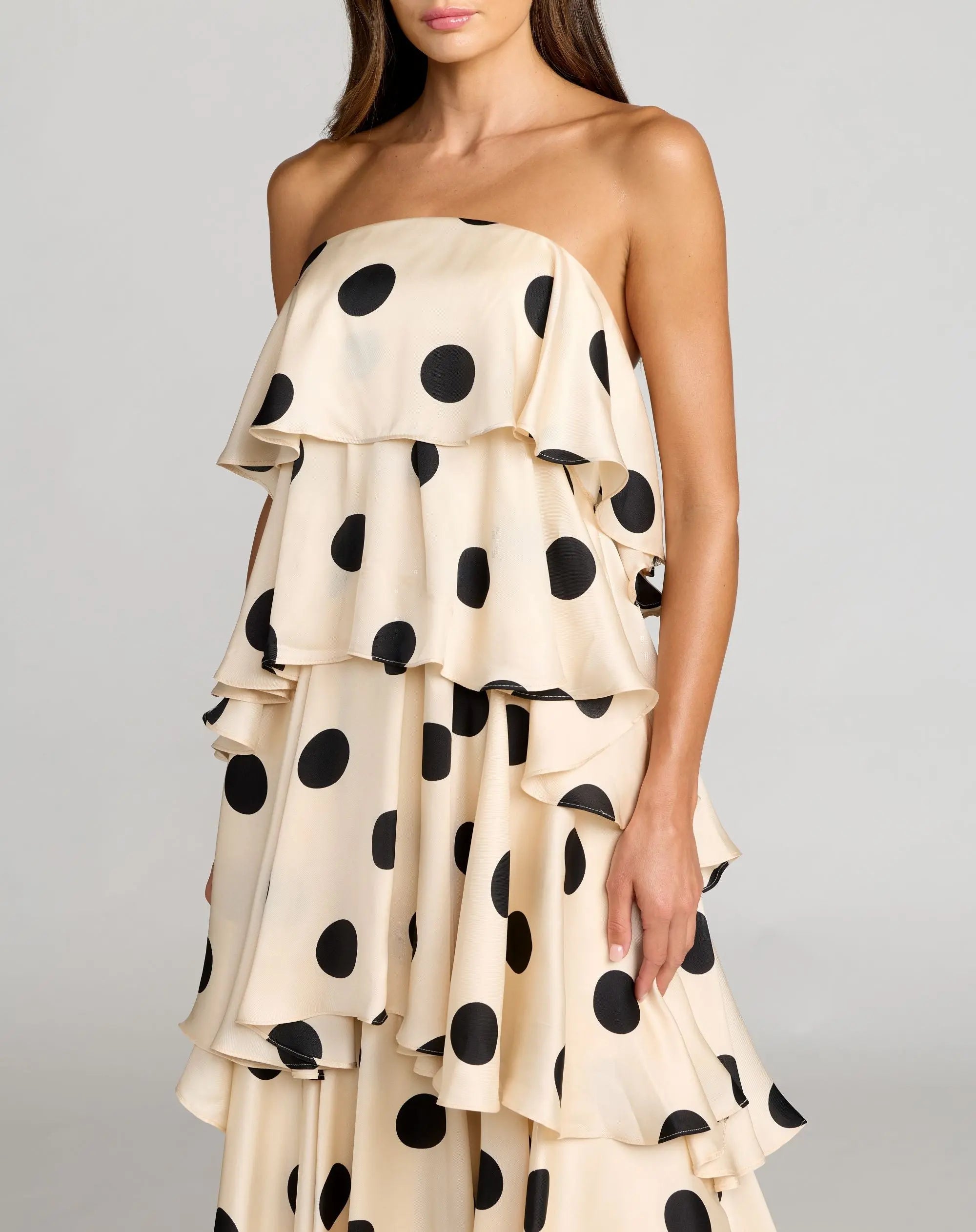 Beige Strapless Polka Dot Charmeuse Ruffle Gown-Myartka