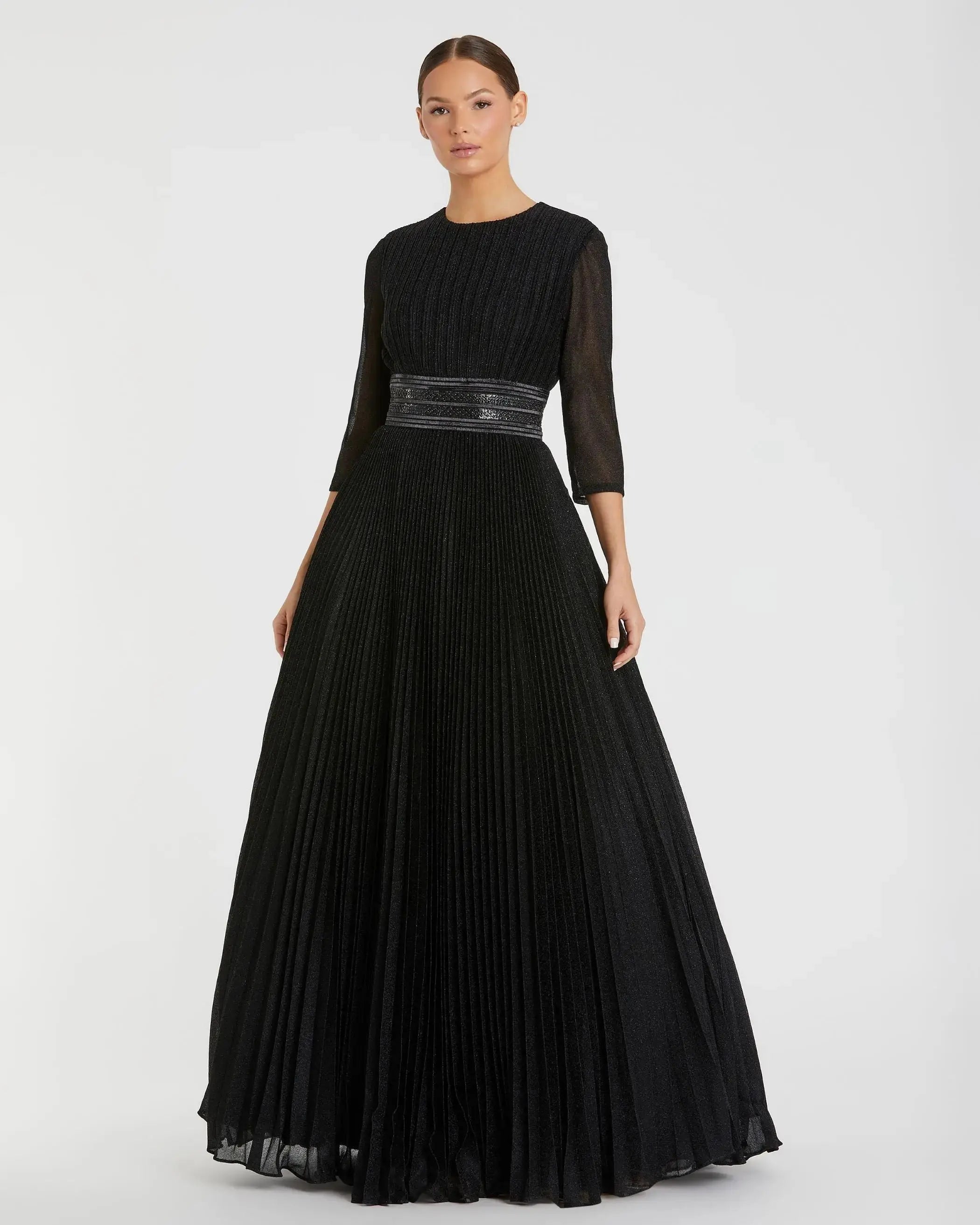Black  Shimmering Pleated  3/4 Sleeve Ball Gown-Myartka