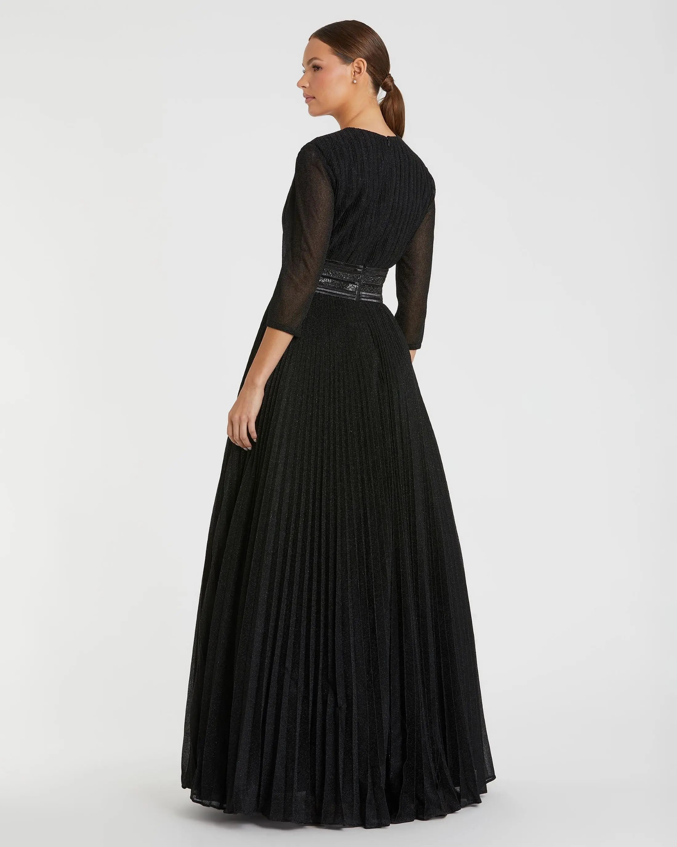 Black  Shimmering Pleated  3/4 Sleeve Ball Gown-Myartka